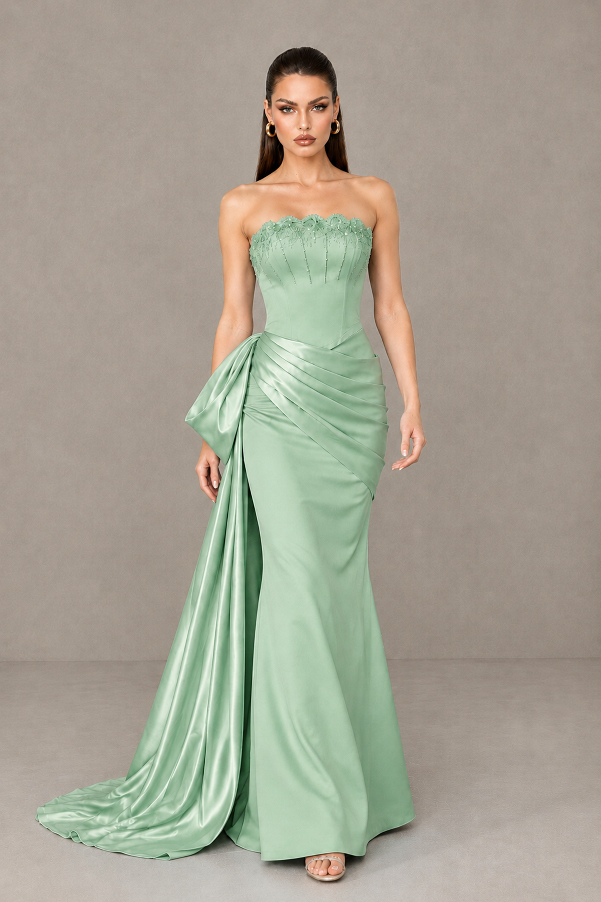 BOLODOO Sage Green Strapless Satin Prom Dress with Draped Side Train - Sage Green - Sage_Green_4