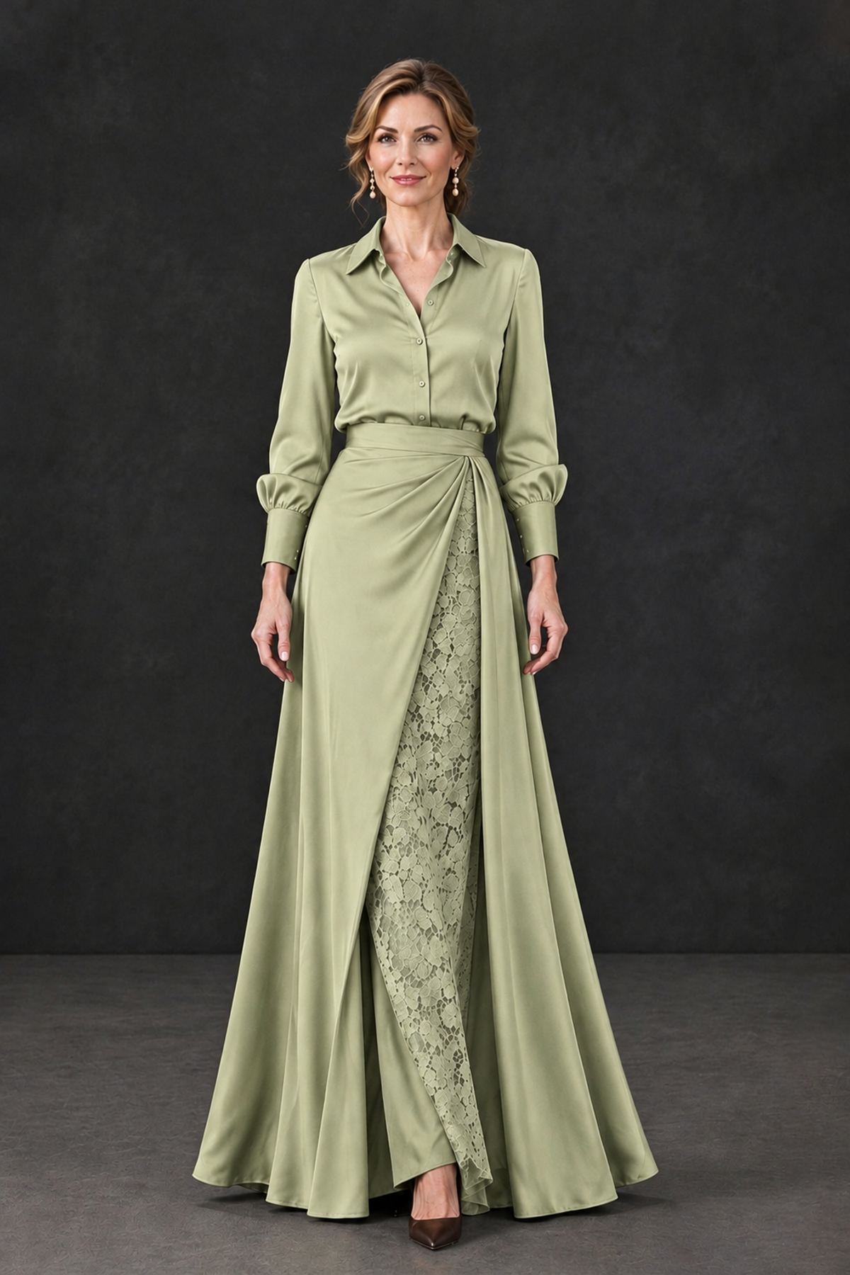 BOLODOO Sage Green Long Sleeve Satin-Look Lace Panel Gown - Sage Green - Sage Green_4