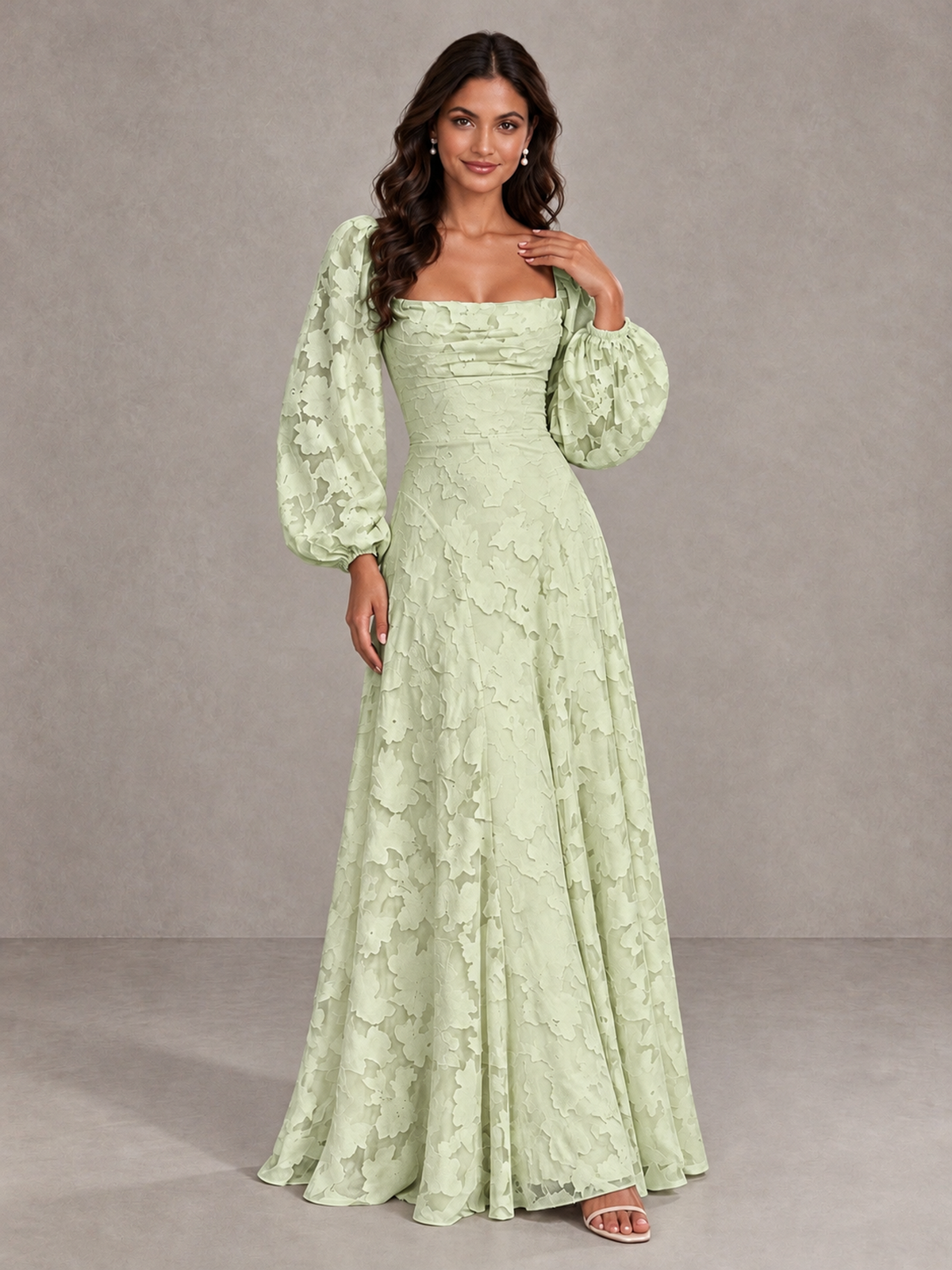 BOLODOO Sage Green Floral Long Sleeve A-Line Bridesmaid Dress - Sage Green - Sage Green_4
