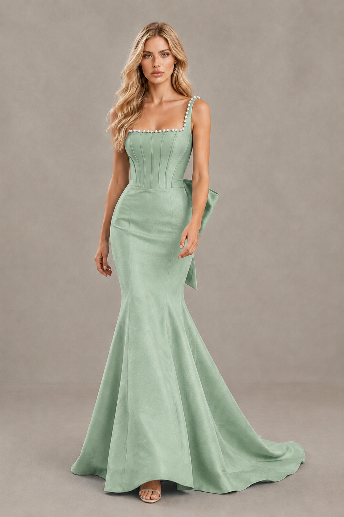 BOLODOO Sage Green Pearl-Trim Mermaid Prom Dress with Back Bow - Sage Green - Sage_Green_4