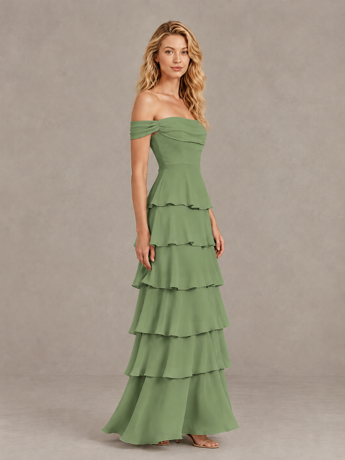 BOLODOO Sage Green Off-Shoulder Tiered Ruffle Bridesmaid Dress with Lace-Up Back - Sage Green - Sage Green_4