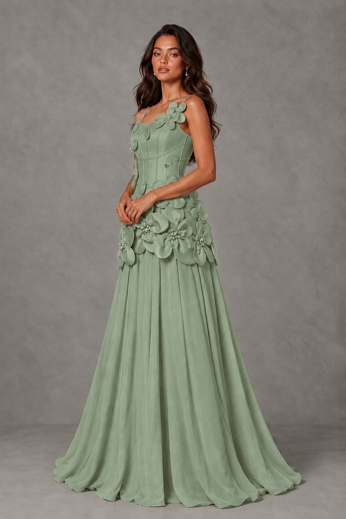 BOLODOO Sage Green 3D Floral Appliqué Floor-Length A-Line Evening Gown - Sage Green