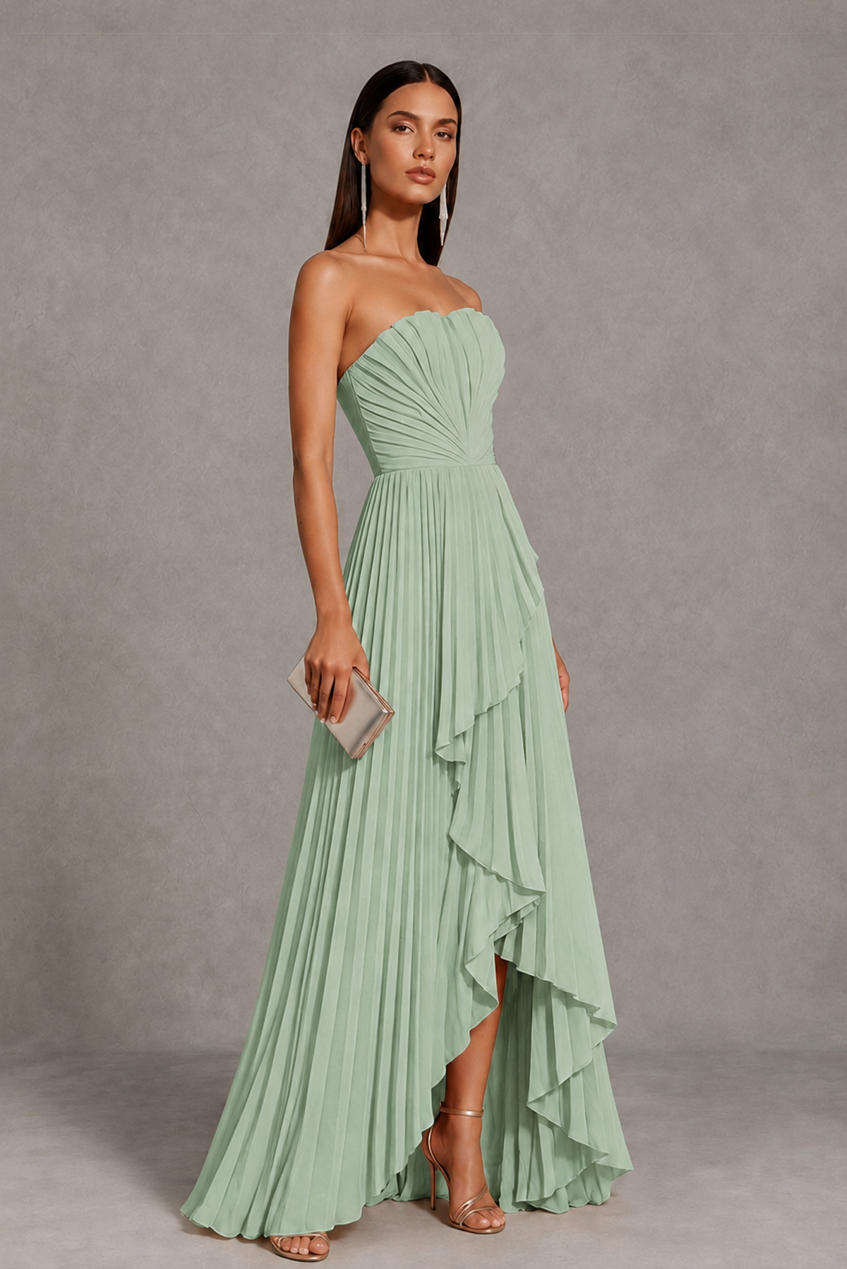 Sage Green Strapless Pleated High-Low Evening Gown with Ruffle Hem - Sage Green