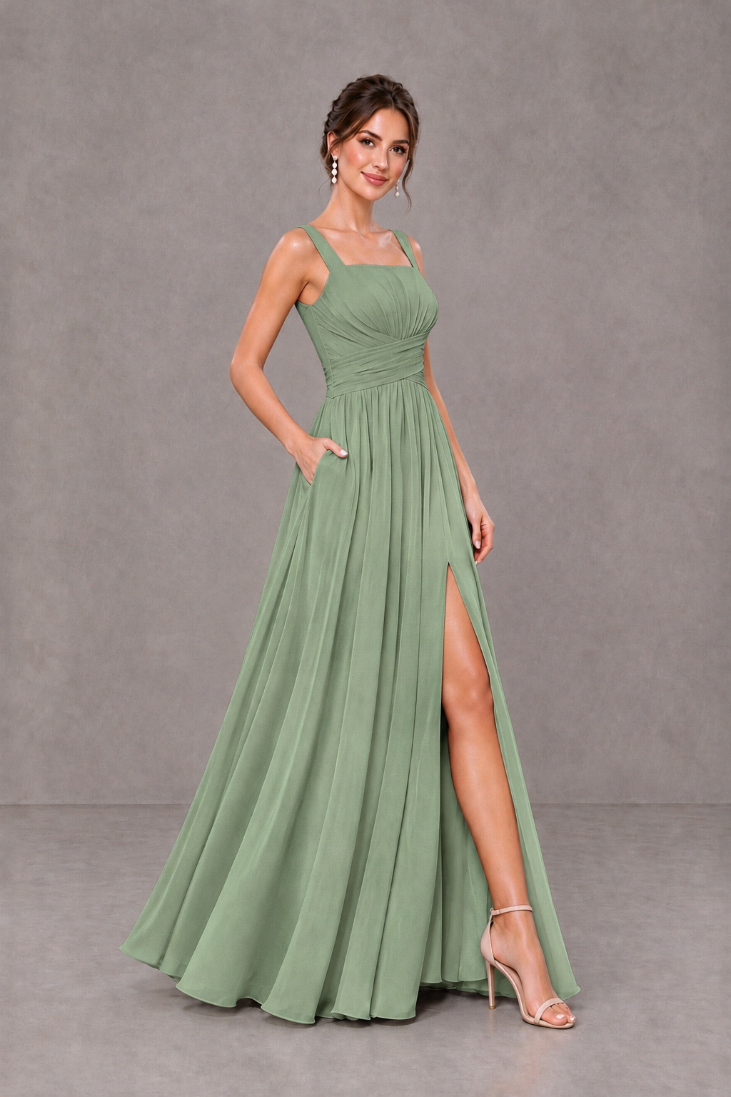 BOLODOO Sage Green Square Neck A-Line Bridesmaid Dress with Slit - Sage Green - Sage Green_4
