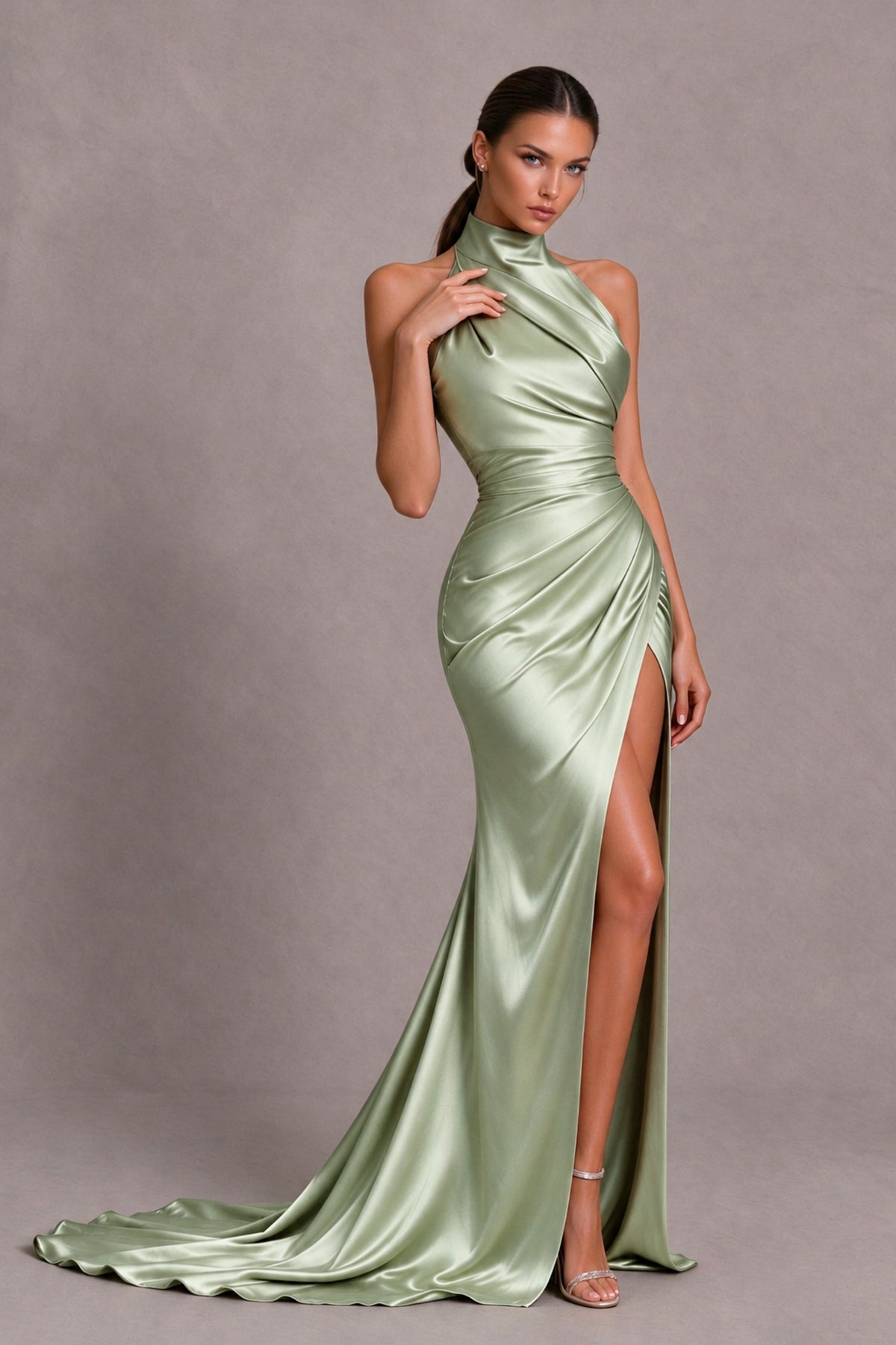 BOLODOO Sage Green Halter Satin-Look Evening Gown with High Slit - Sage Green - Sage Green_4