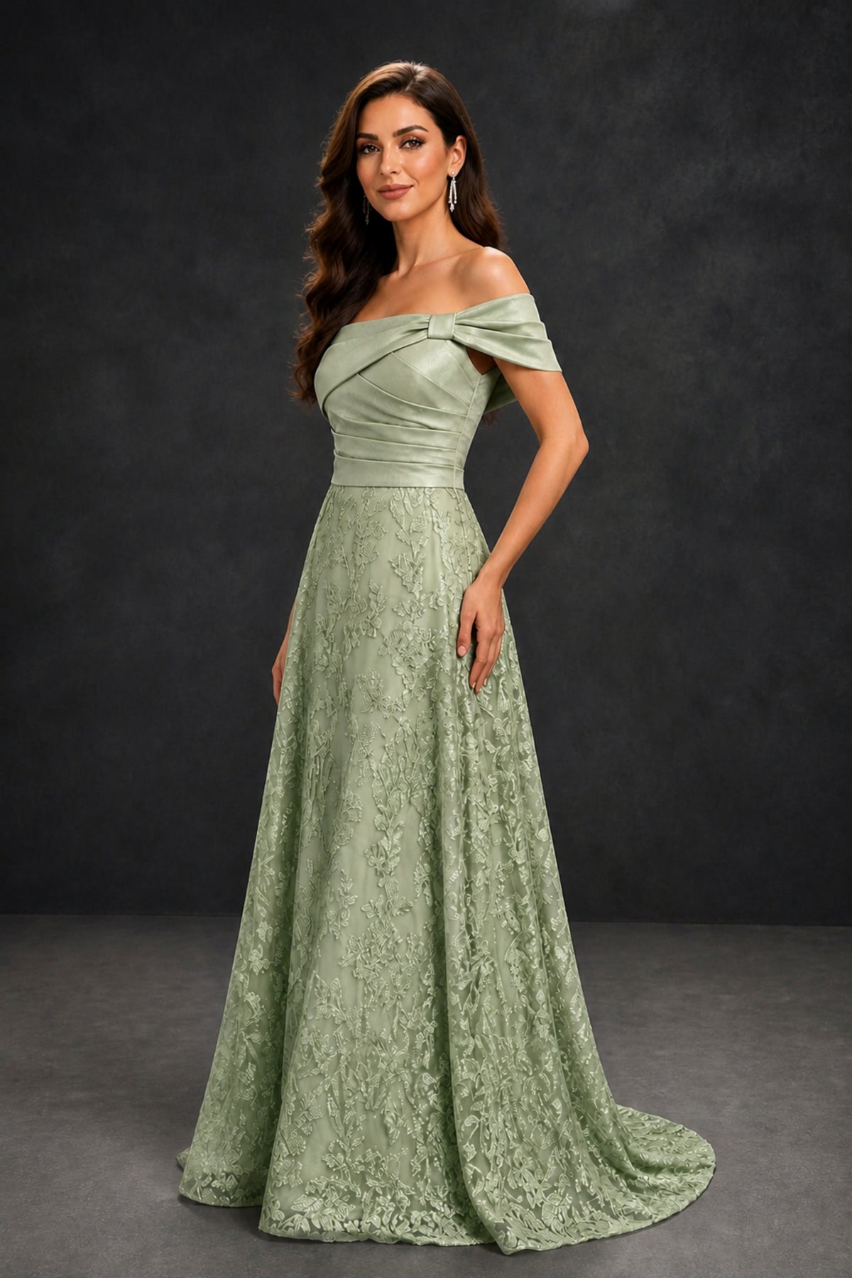 BOLODOO Sage Green Lace Glitter Off Shoulder Cap Sleeve A-Line Ball Gown with Train – Formal Evening Dress - Sage Green