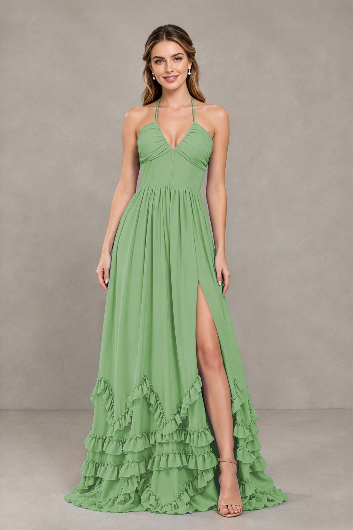 BOLODOO Sage Green Halter Ruffle Hem A-Line Bridesmaid Dress with High Slit - Sage Green - Sage Green(4)