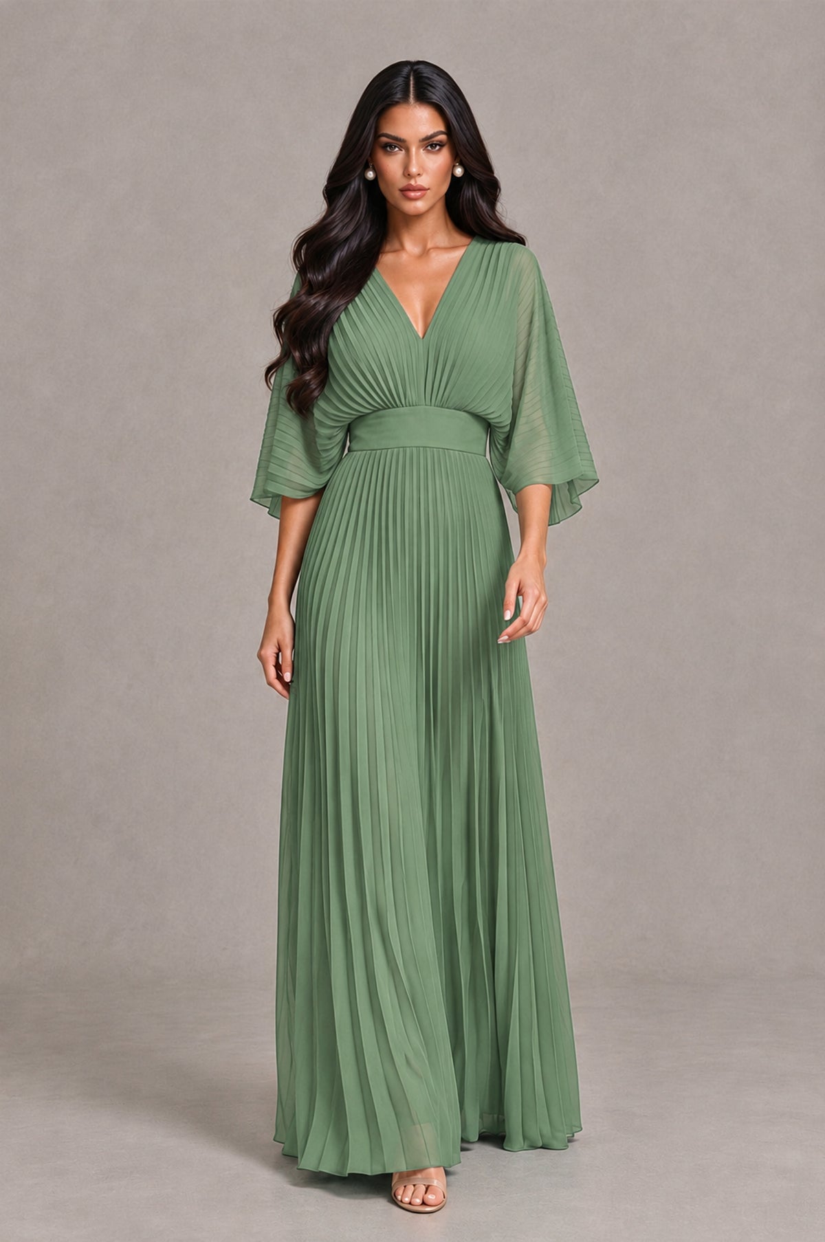 BOLODOO Sage Green V-Neck Pleated Flutter Sleeve Formal Dress - Sage Green - Sage Green_4