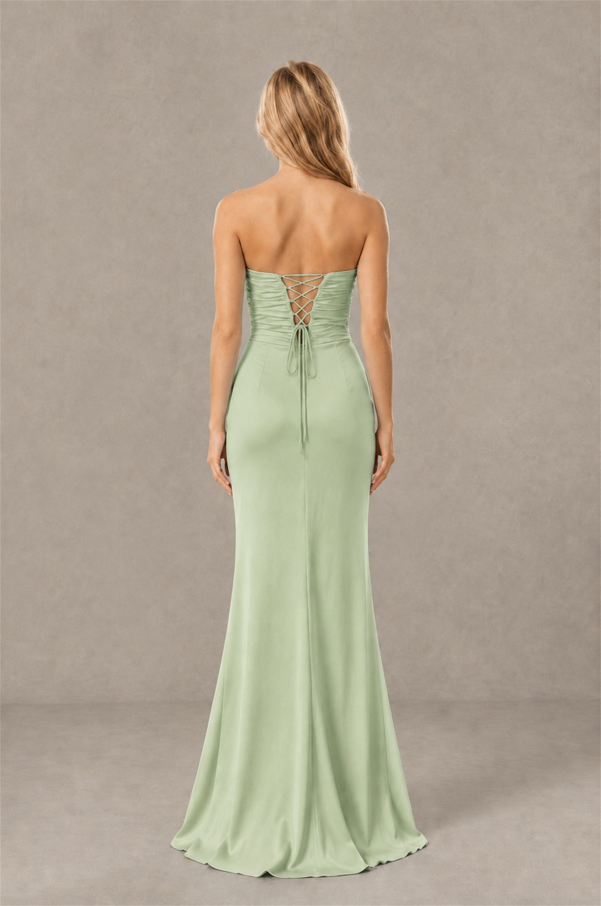 BOLODOO Sage Green Sweetheart Strapless Twist Knot Cutout Lace-Up Back Satin Mermaid Maxi Dress - Sage Green - Sage Green(4)