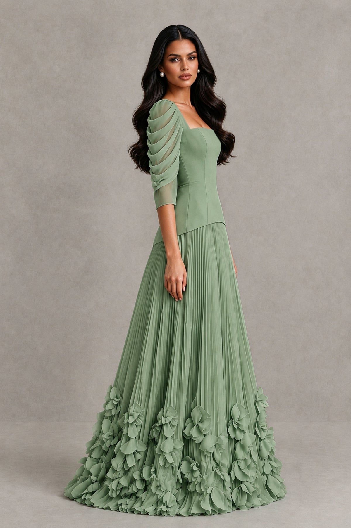 BOLODOO Sage Green Square Neck Pleated Floral Applique Evening Dress - Sage Green - Sage Green_4