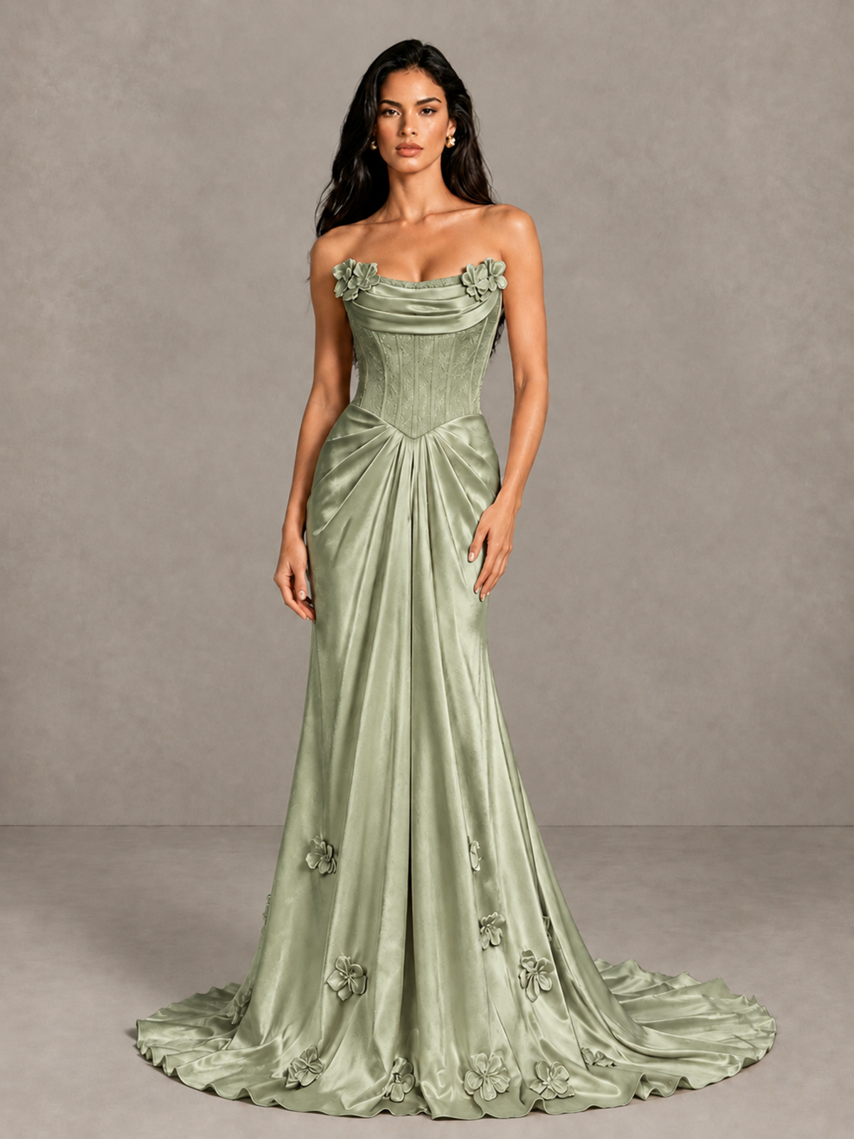 BOLODOO Sage Green Strapless Floral Corset Evening Gown with Train - Sage Green - Sage Green_4