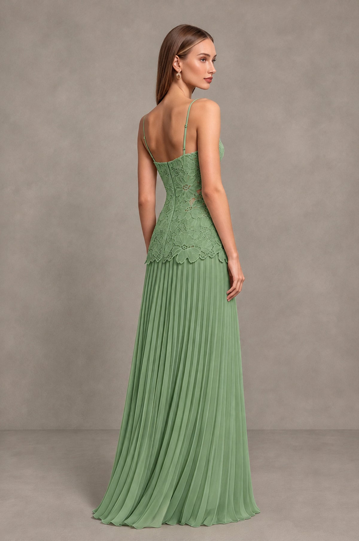 BOLODOO Sage Green Lace Bodice Pleated Wedding Guest Dress - Sage Green - Sage Green_4