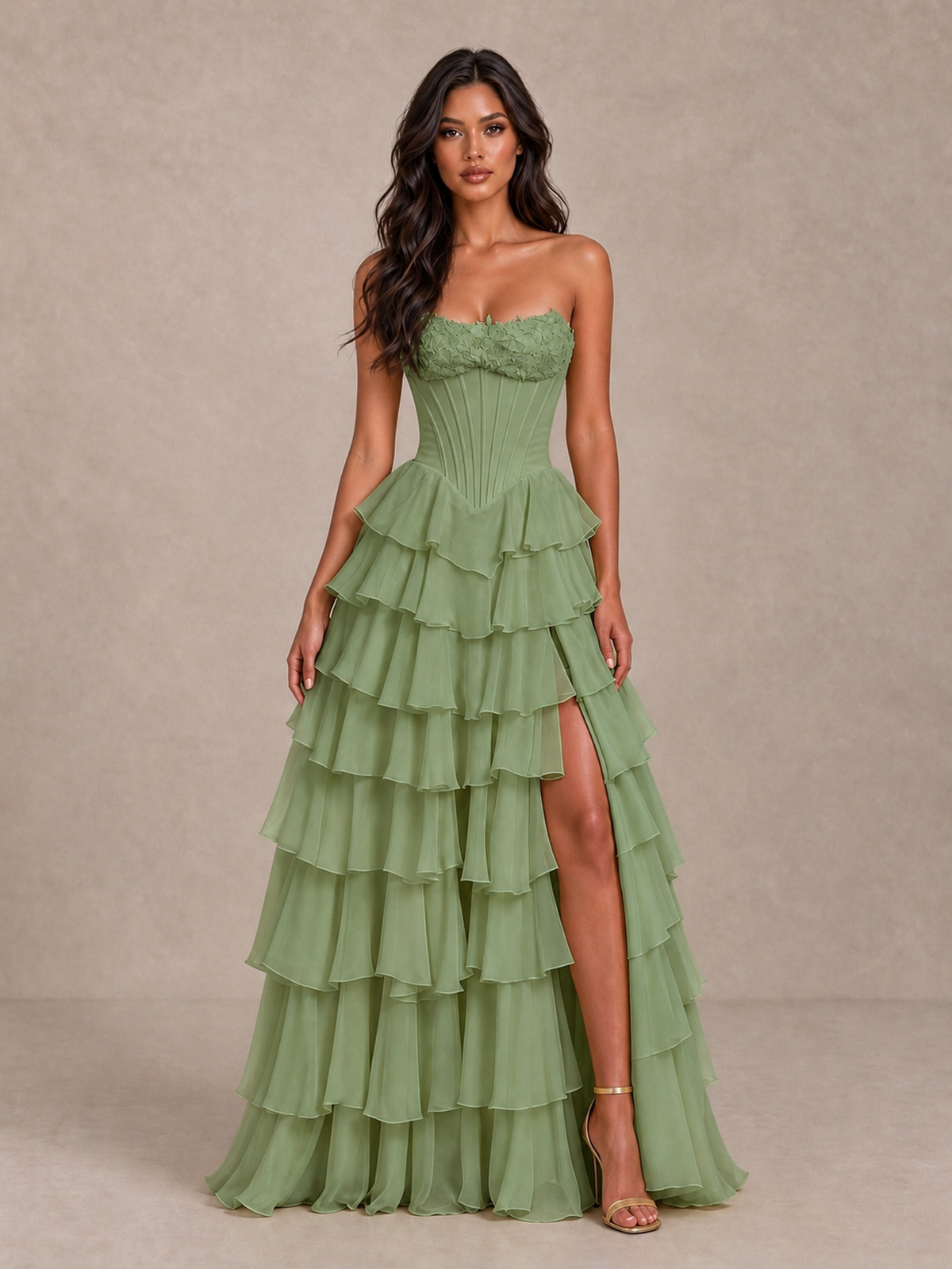 BOLODOO Sage Green Strapless Corset Tiered Ruffle Prom Dress with High Slit - Sage Green - Sage Green_4
