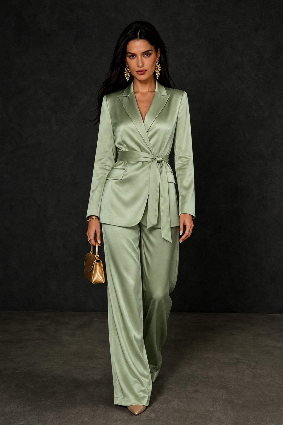 BOLODOO Sage Green Satin Wrap Blazer Wide-Leg Pants Two-Piece Suit Set – Evening Gala Wedding Guest - Sage Green