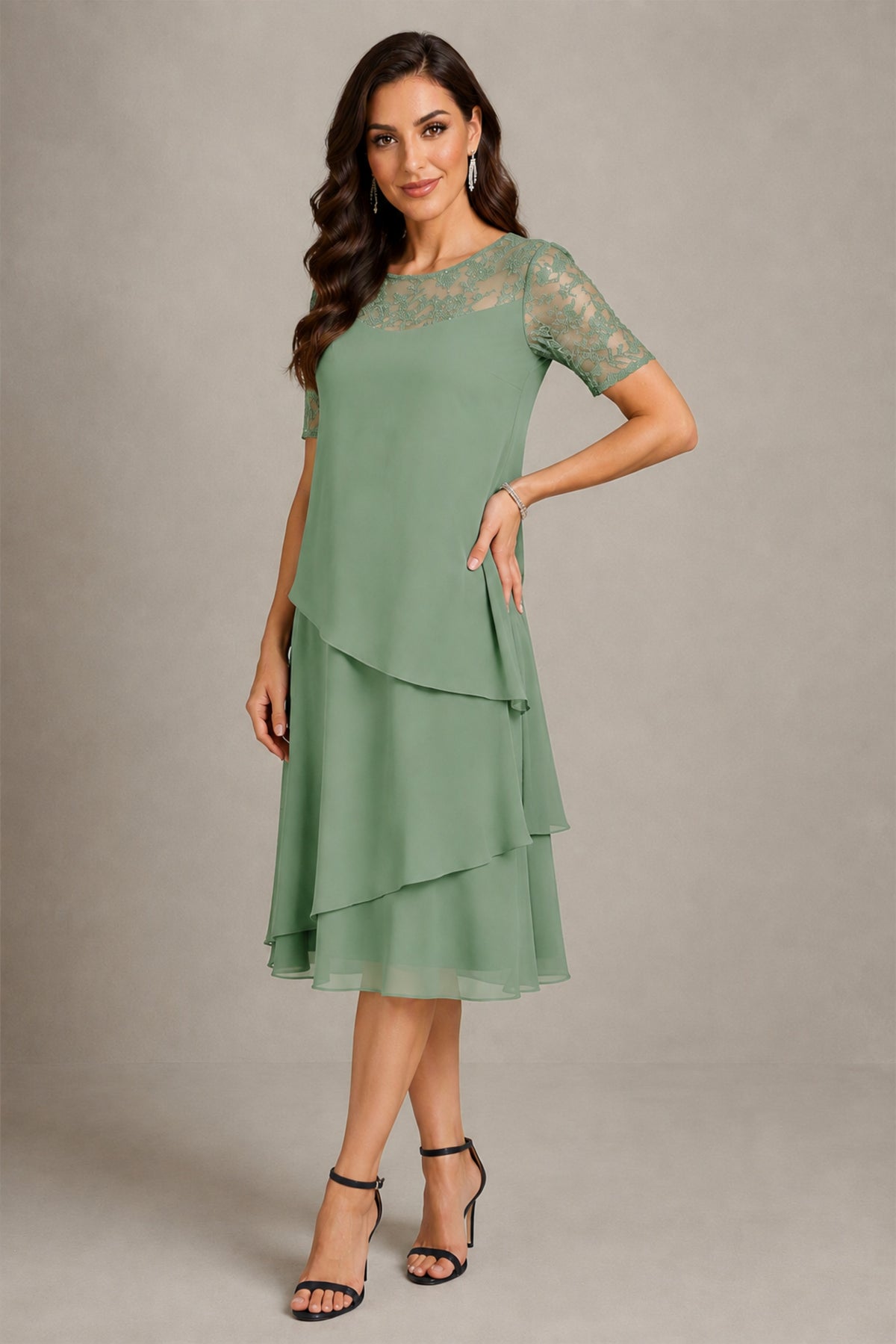 BOLODOO Sage Green Illusion Lace Short Sleeve Tiered Chiffon Tea Length Dress | Mother of the Bride Midi Dress - Sage Green