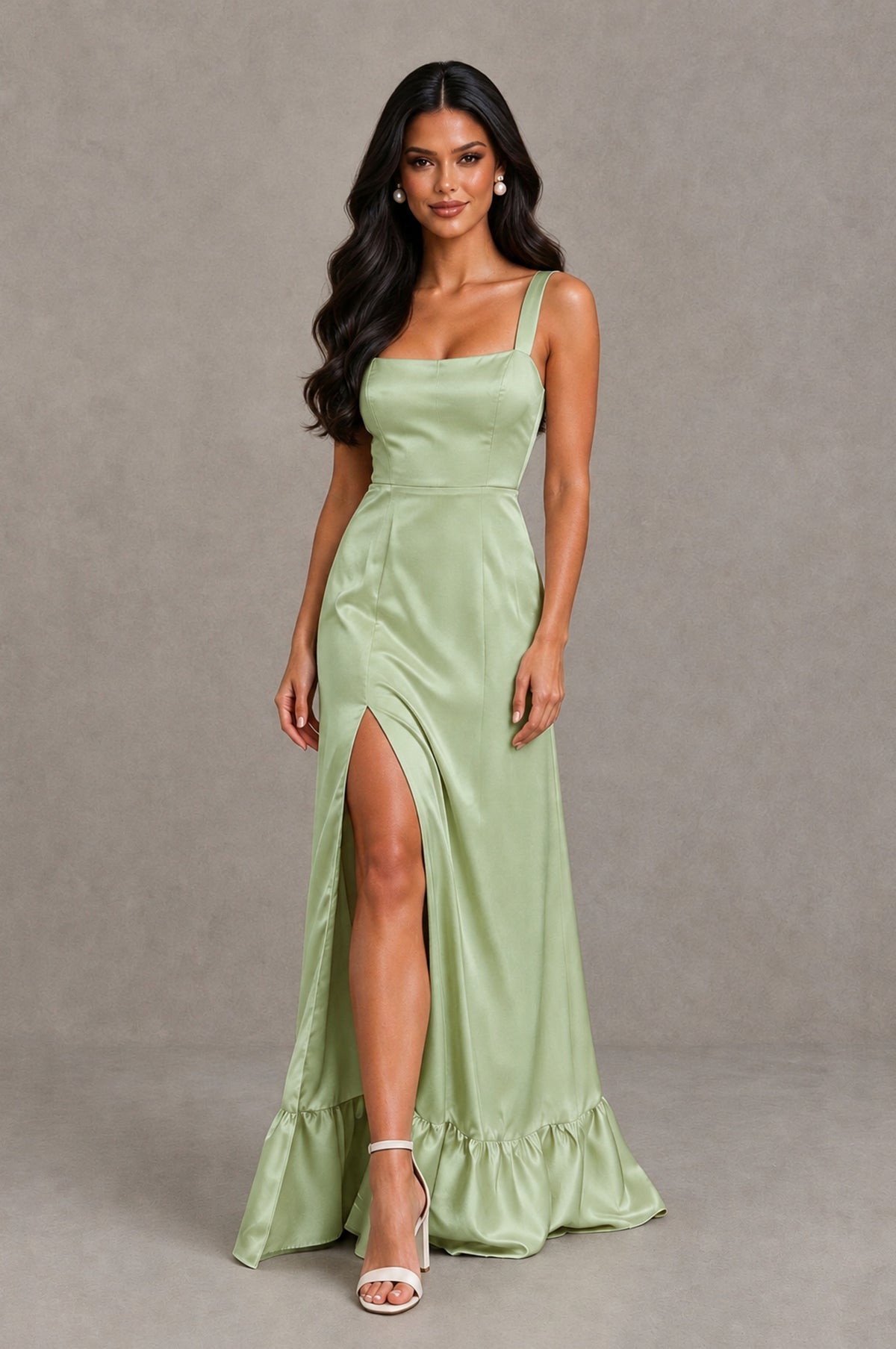 BOLODOO Sage Green Square Neck Satin Evening Dress with Lace-Up Back and High Slit - Sage Green - Sage Green_4