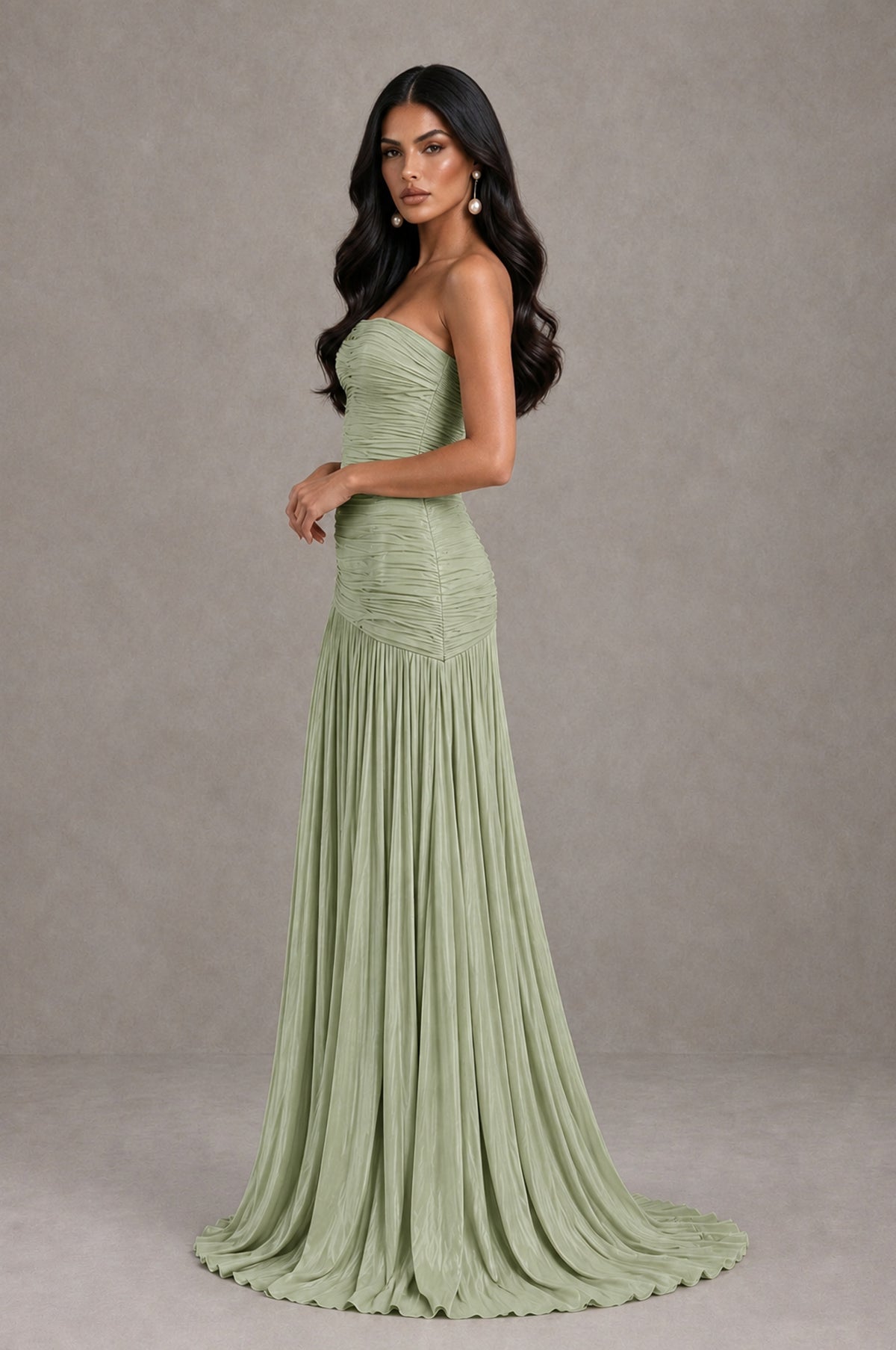 BOLODOO Sage Green Metallic Ruched Strapless Pleated A-Line Backless Maxi Dress with Train - Sage Green - Sage Green_4