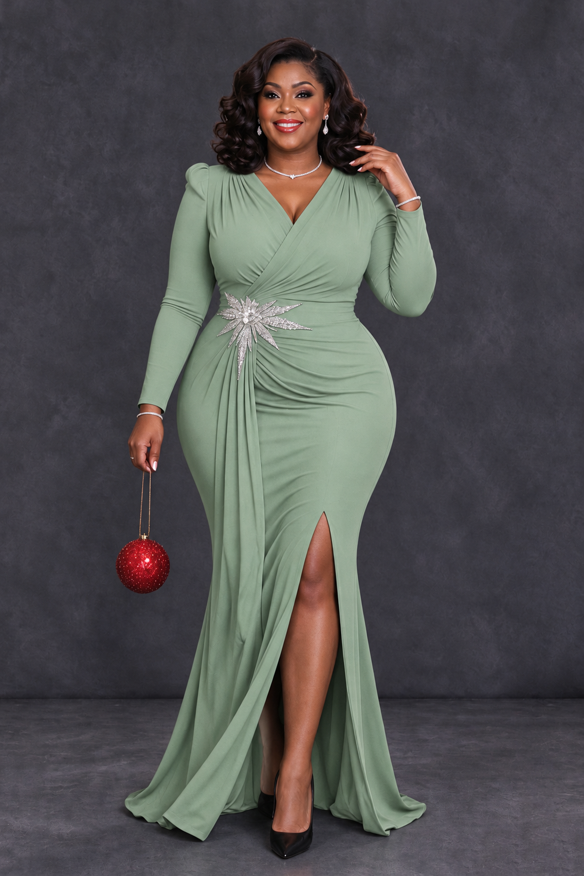 BOLODOO Sage Green Plus Size Long Sleeve V-Neck Mother of the Bride Dress with Slit - Sage Green - Sage Green_4