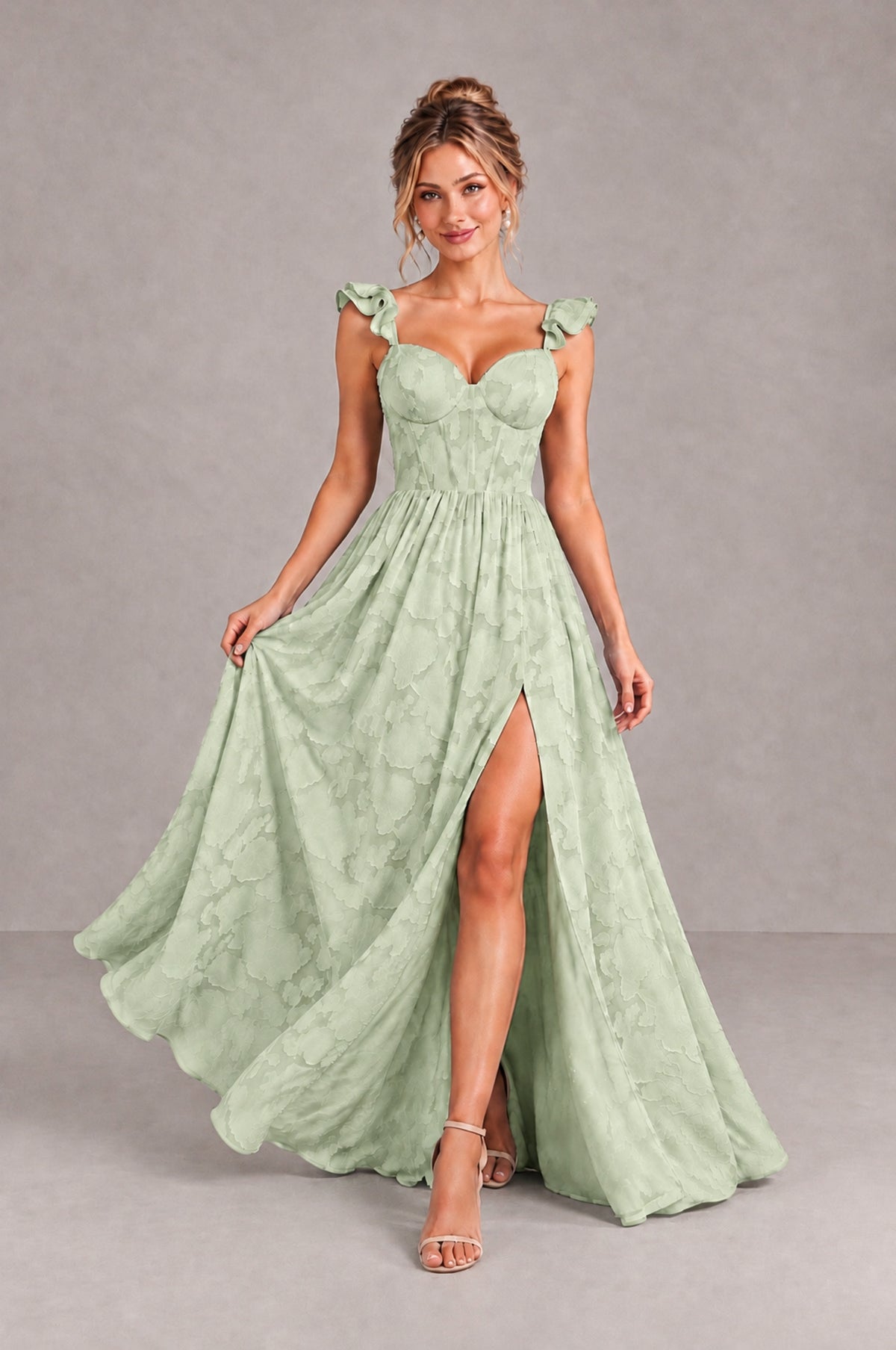 BOLODOO Sage Green Floral A-Line Bridesmaid Dress with Slit Ruffle Straps Maxi Gown - Sage Green - Sage Green_4