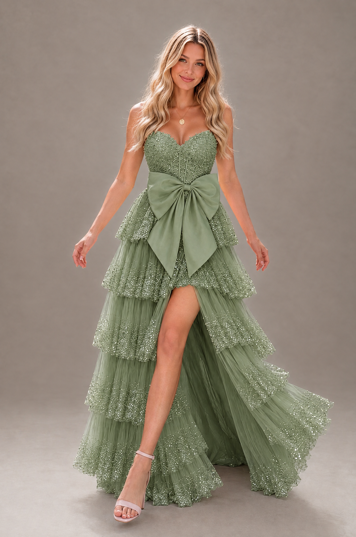 BOLODOO Sage Green Strapless Tiered Tulle Prom Dress with Bow - Sage Green - Sage_Green_4