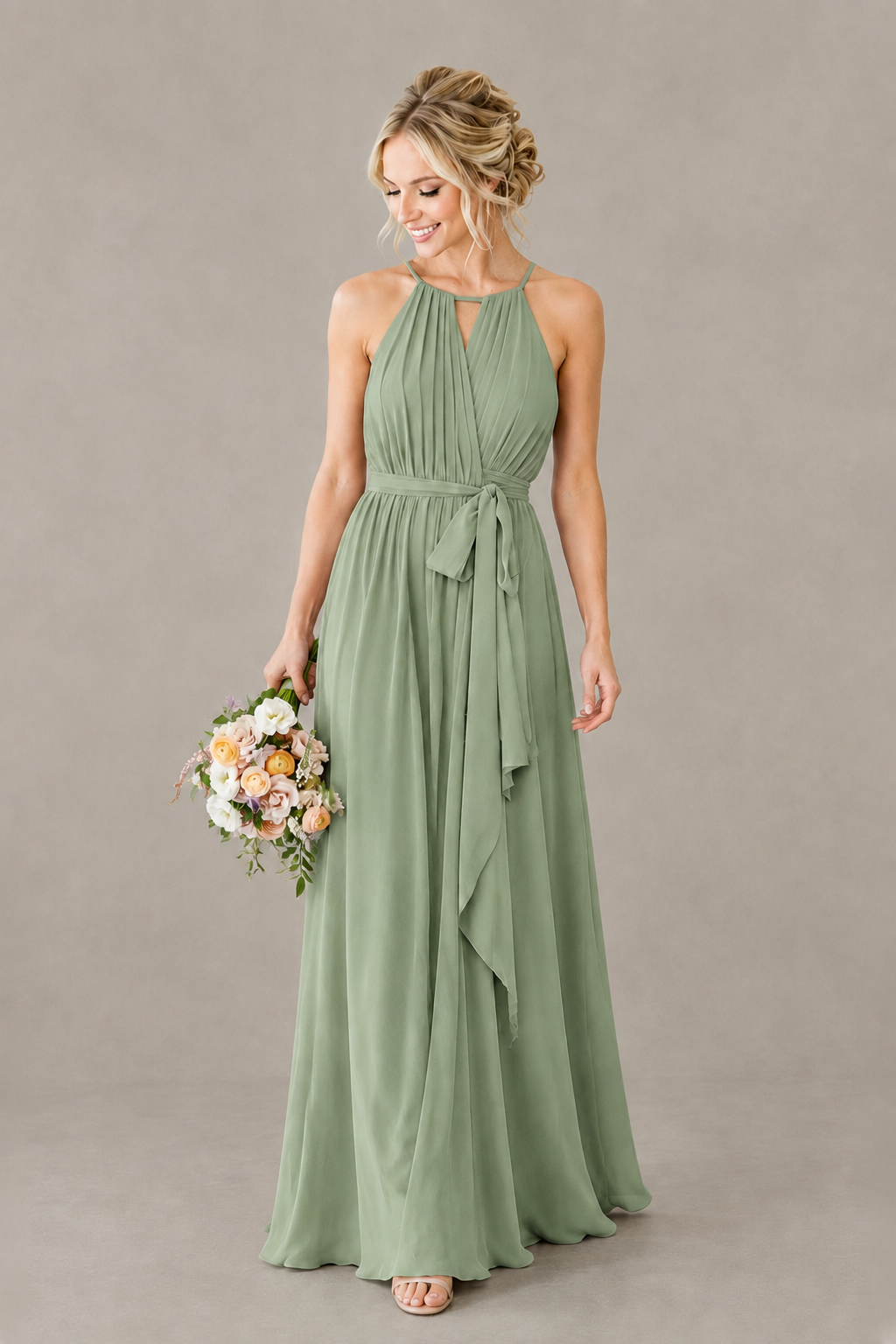 BOLODOO Sage Green Halter Chiffon Bridesmaid Dress with High Slit - Sage Green