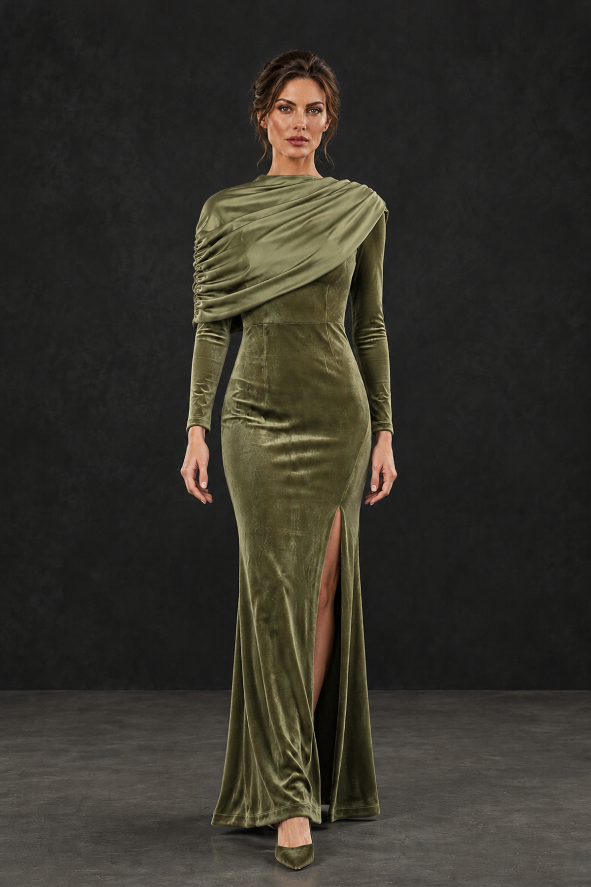 BOLODOO Sage Green Velvet Long Sleeve Draped Mother of the Bride Dress - Sage Green - Sage_Green_4