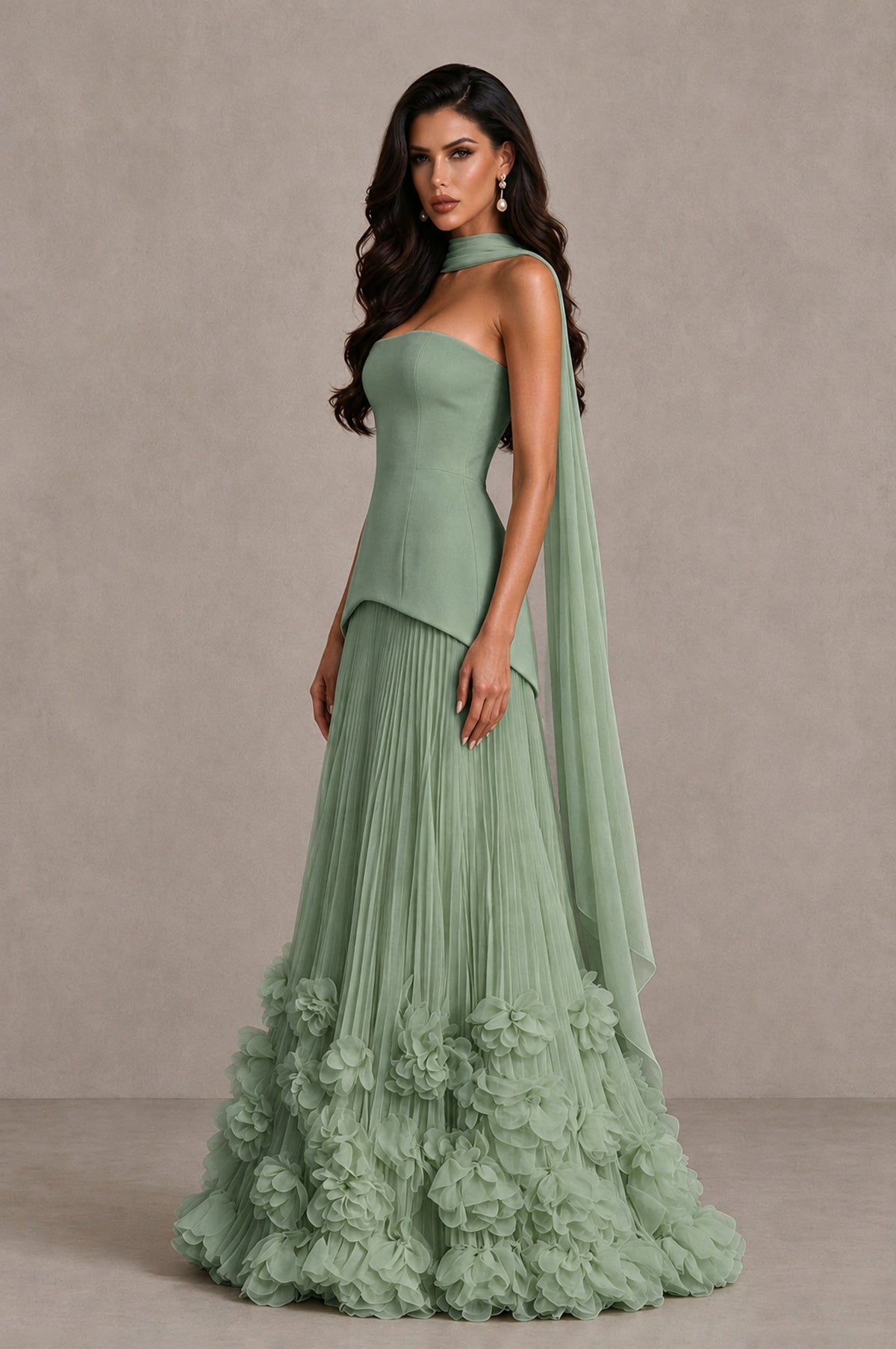 BOLODOO Sage Green Strapless Pleated Floral Hem Evening Gown - Sage Green - Sage Green_4