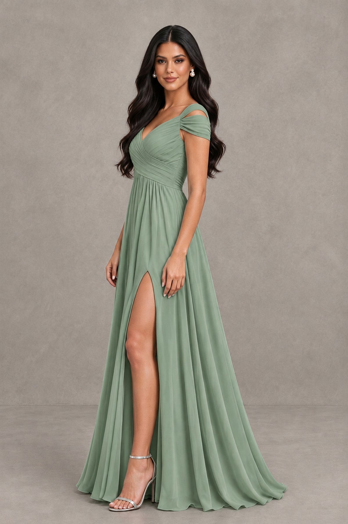 BOLODOO Sage Green Cold Shoulder Chiffon Evening Dress with V Neck and High Slit - Sage Green - Sage Green_4
