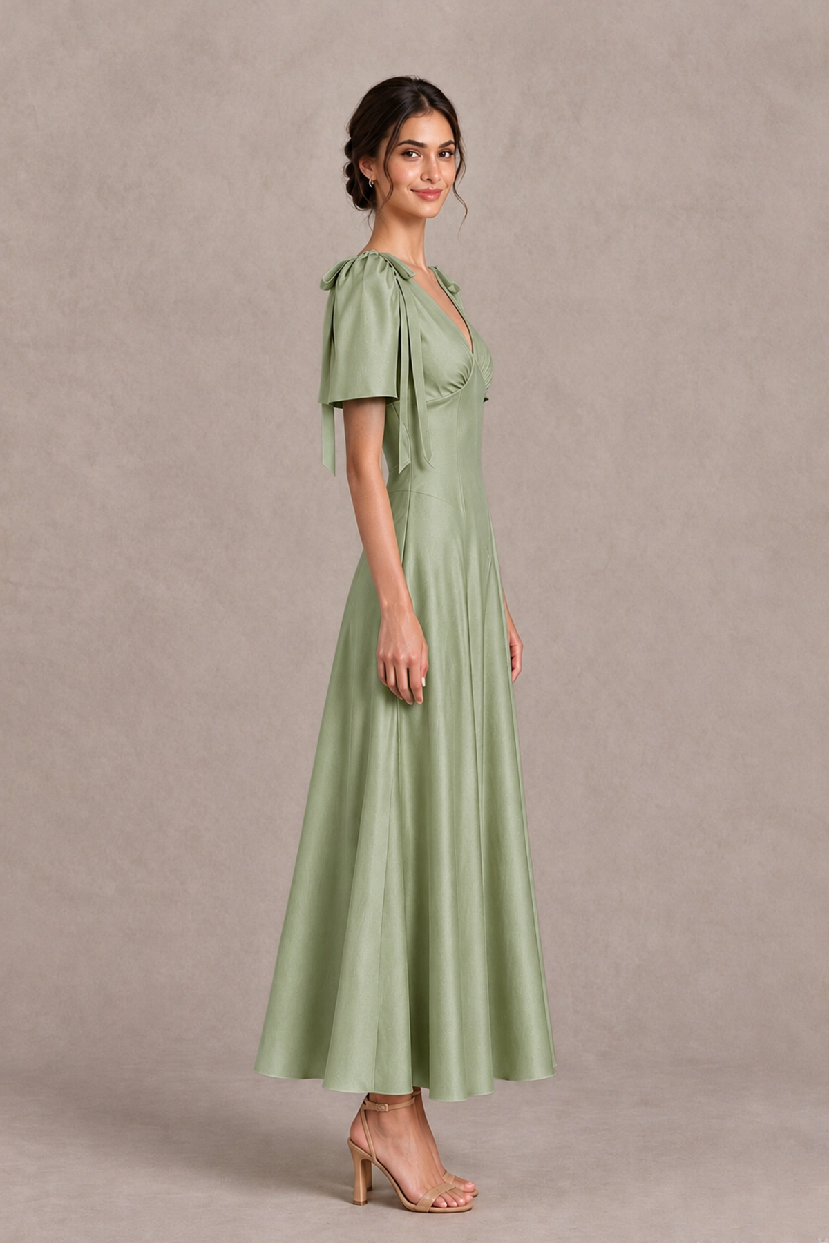 BOLODOO Sage Green V-Neck Short Sleeve Satin-Look Bridesmaid Dress with Shoulder Bows - Sage Green - Sage Green_4