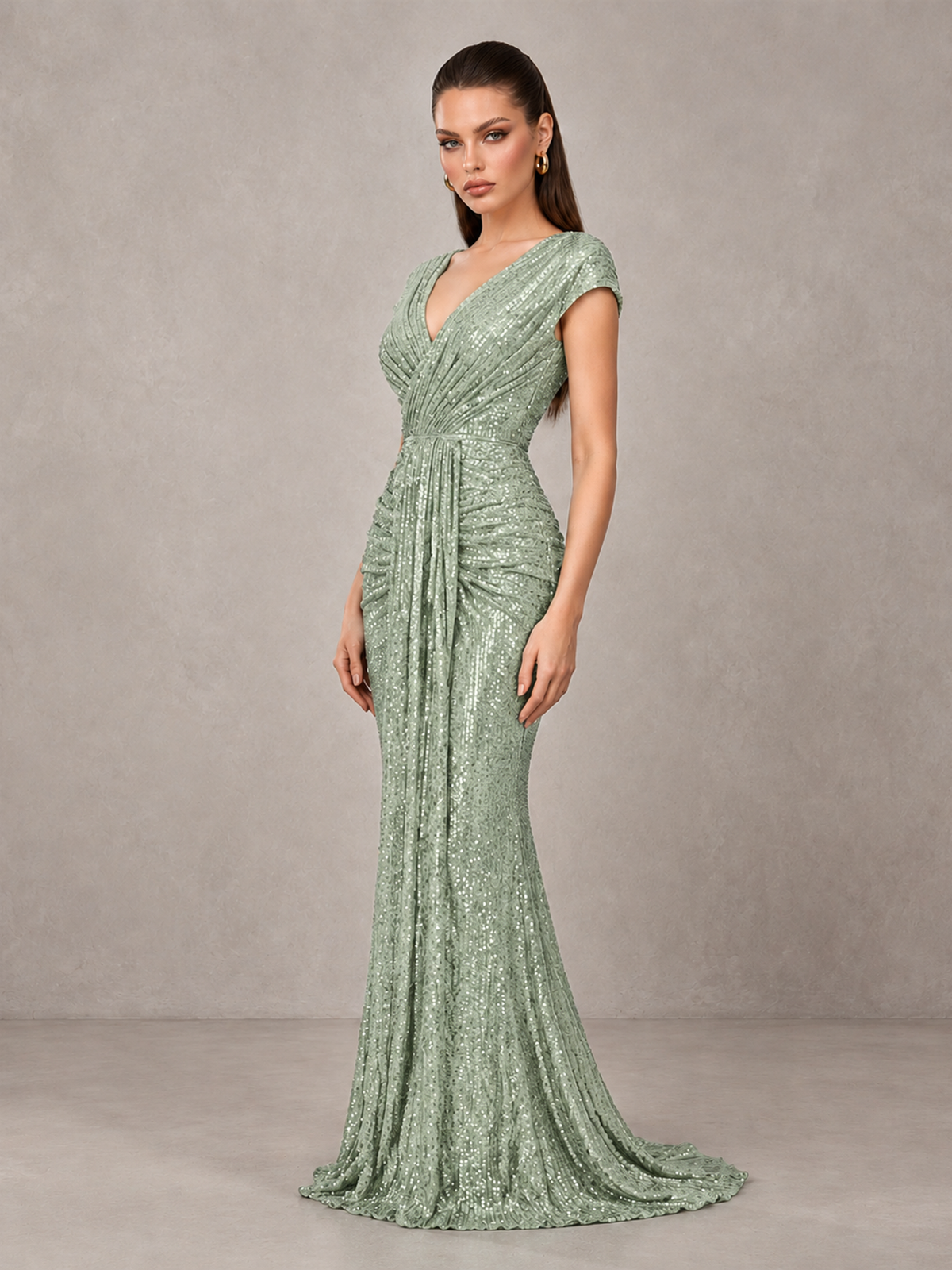 BOLODOO Sage Green Glitter V-Neck Cap Sleeve Ruched Mermaid Evening Gown - Sage Green - Sage Green_4