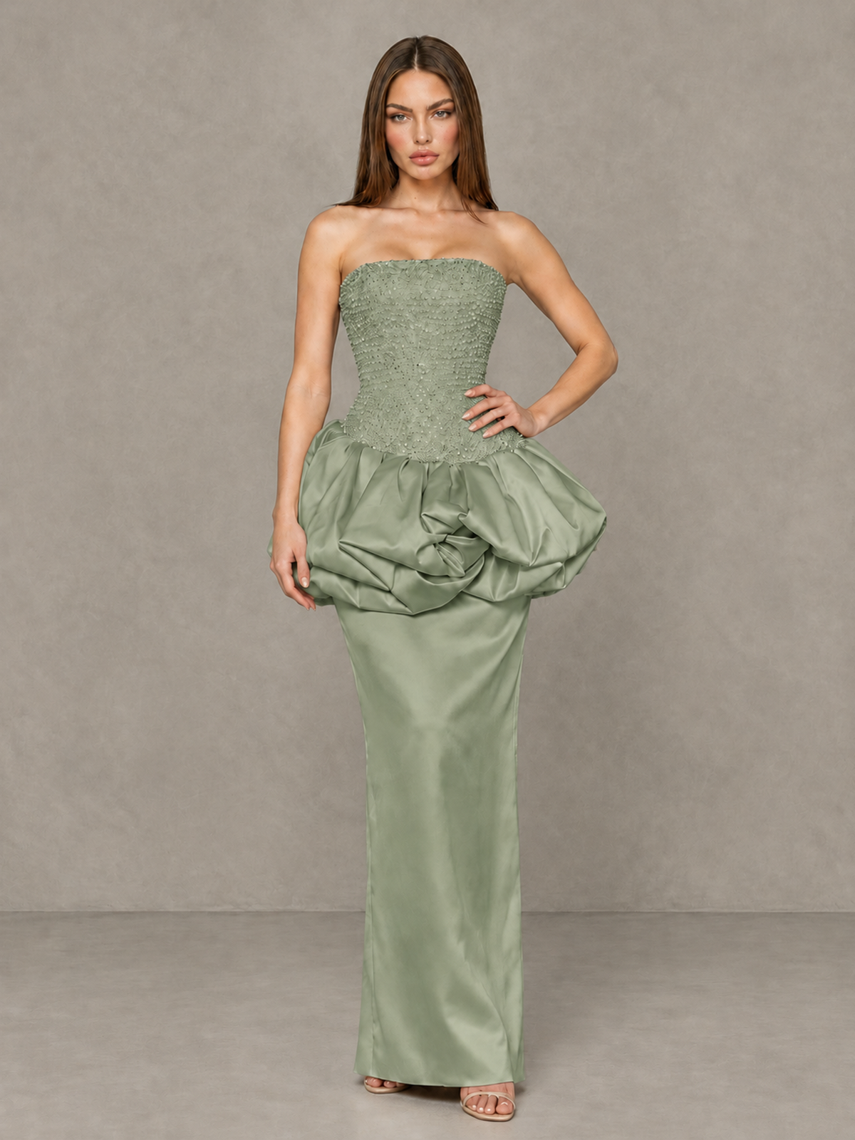 BOLODOO Sage Green Strapless Embellished Bubble Peplum Evening Dress - Sage Green - Sage Green_4