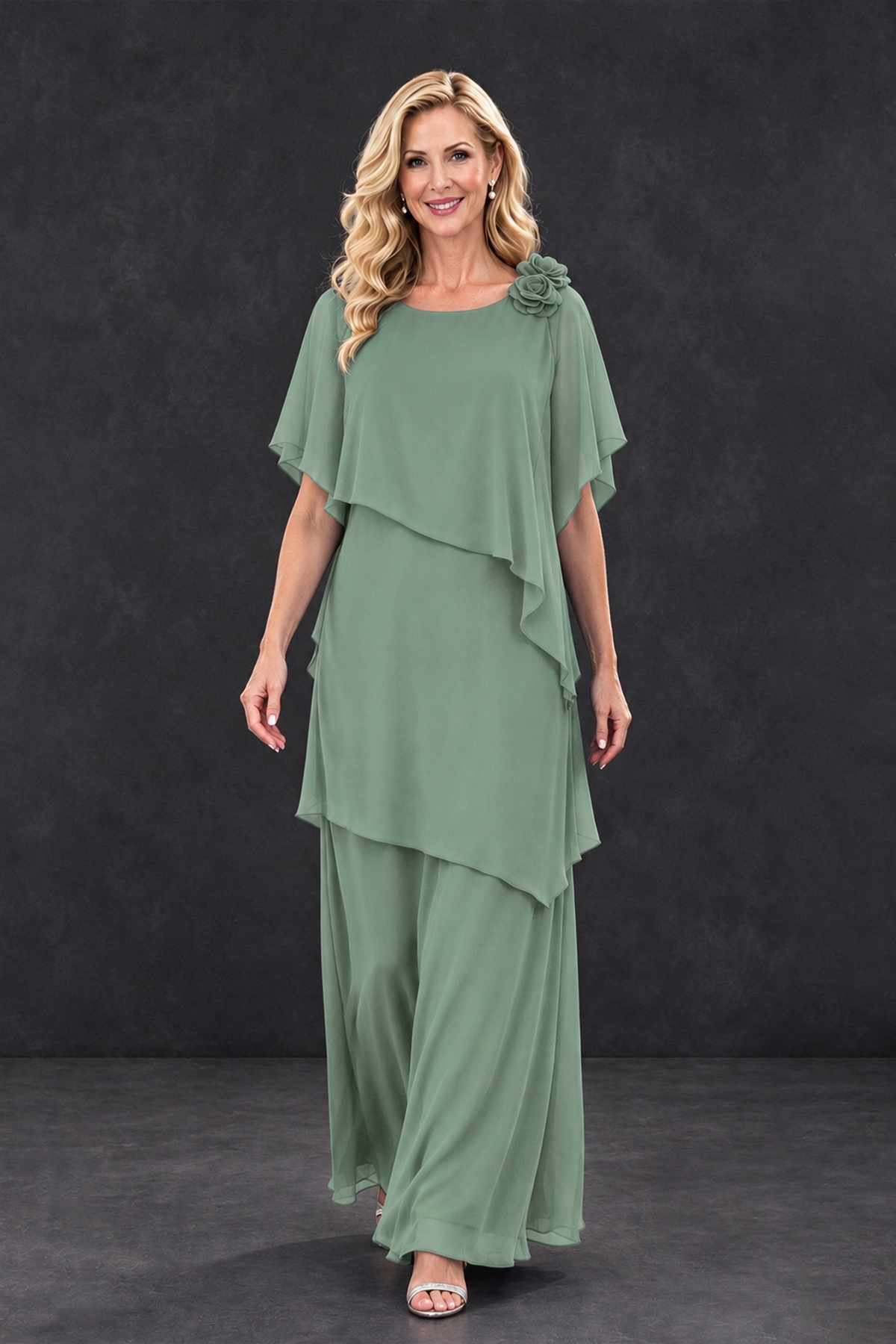 BOLODOO Sage Green Tiered Flutter Sleeve Mother of the Bride Maxi Dress - Sage Green - Sage Green_4