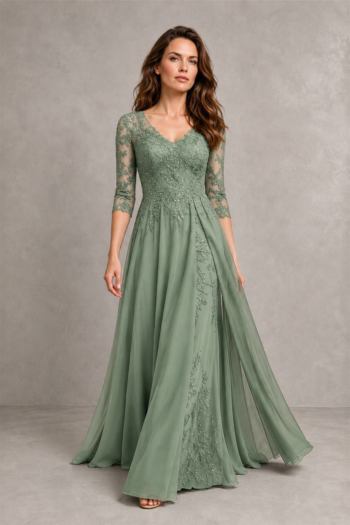 BOLODOO Midnight Sage Green Beaded Lace Appliqué Chiffon A-Line Gown | Mother of the Bride & Formal Evening Dress - Sage Green - Sage Green_4