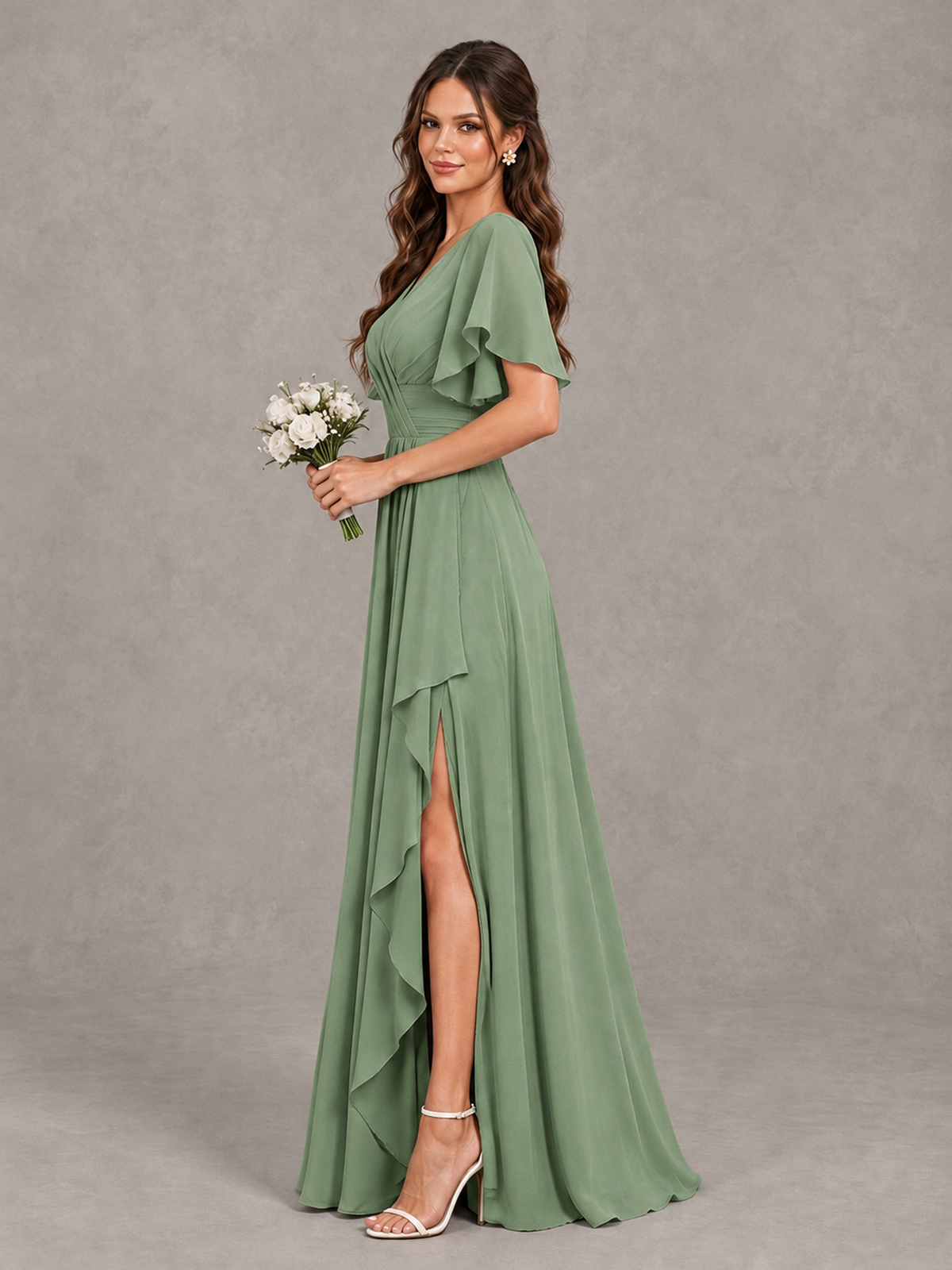 BOLODOO Sage Green Flutter Sleeve V-Neck Bridesmaid Dress with Ruffle Slit - Sage Green - Sage Green_4