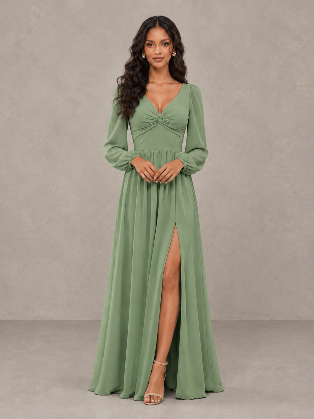 BOLODOO Sage Green V-Neck Long Sleeve Bridesmaid Dress with Tie Back and Slit - Sage Green - Sage Green_5