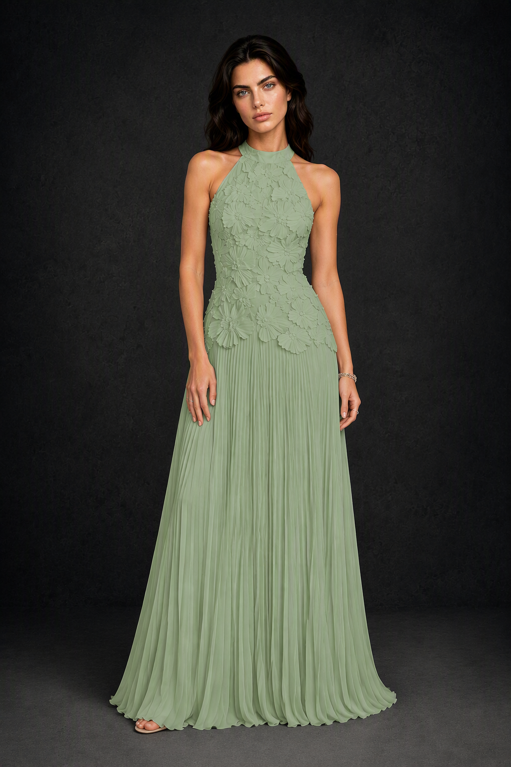 BOLODOO Sage Green 3D Floral Applique Halter Neck Open Back Pleated Maxi Dress - Sage Green