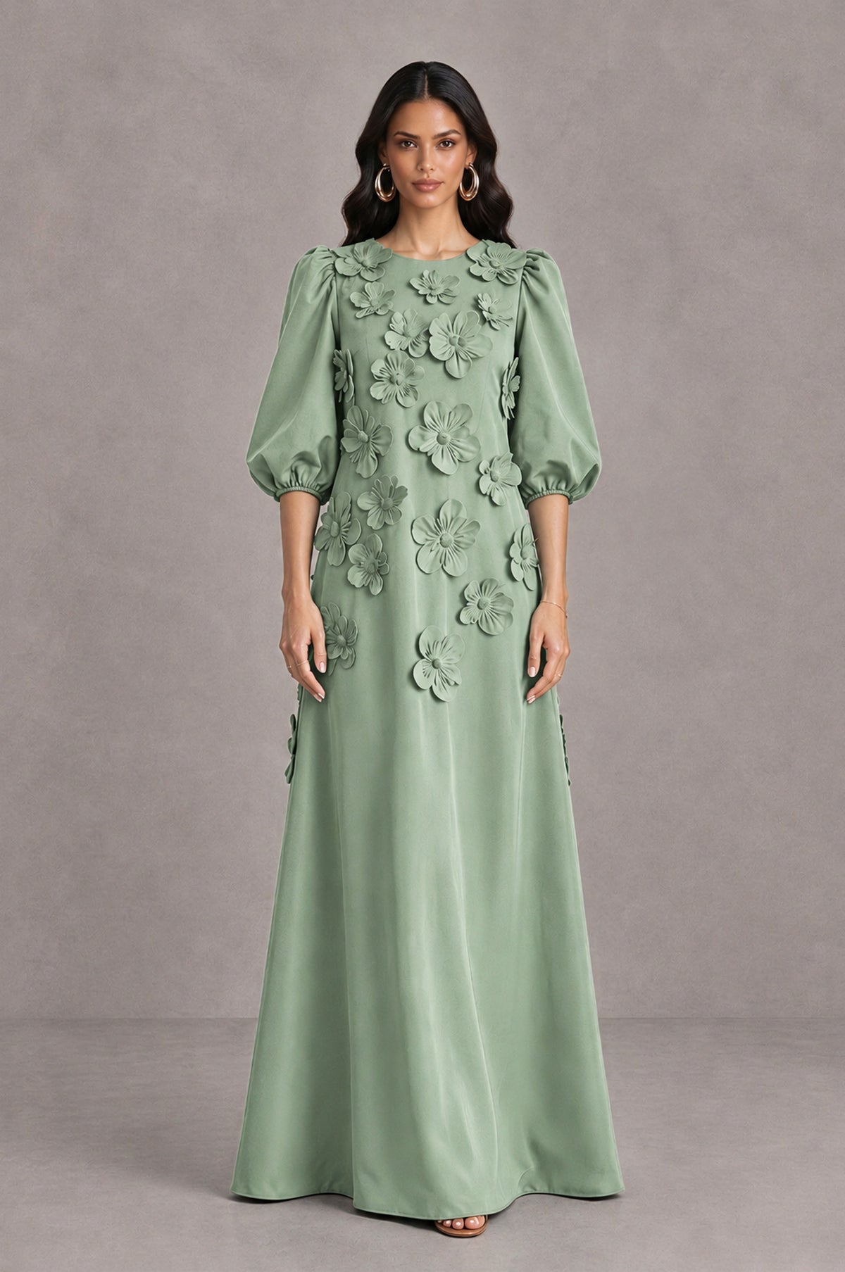BOLODOO Sage Green Floral Applique Puff Sleeve A-Line Evening Dress - Sage Green - Sage Green (1)