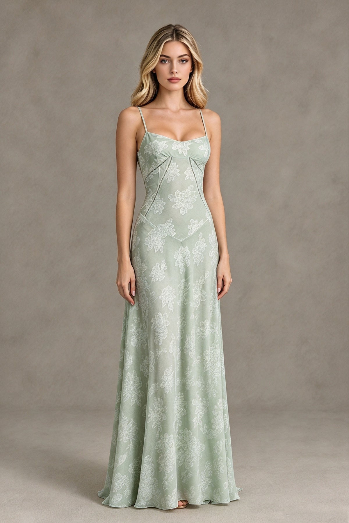 BOLODOO Sage Green Floral Lace Wedding Guest Dress Spaghetti Straps Prom Dress - Sage Green - Sage Green (1)