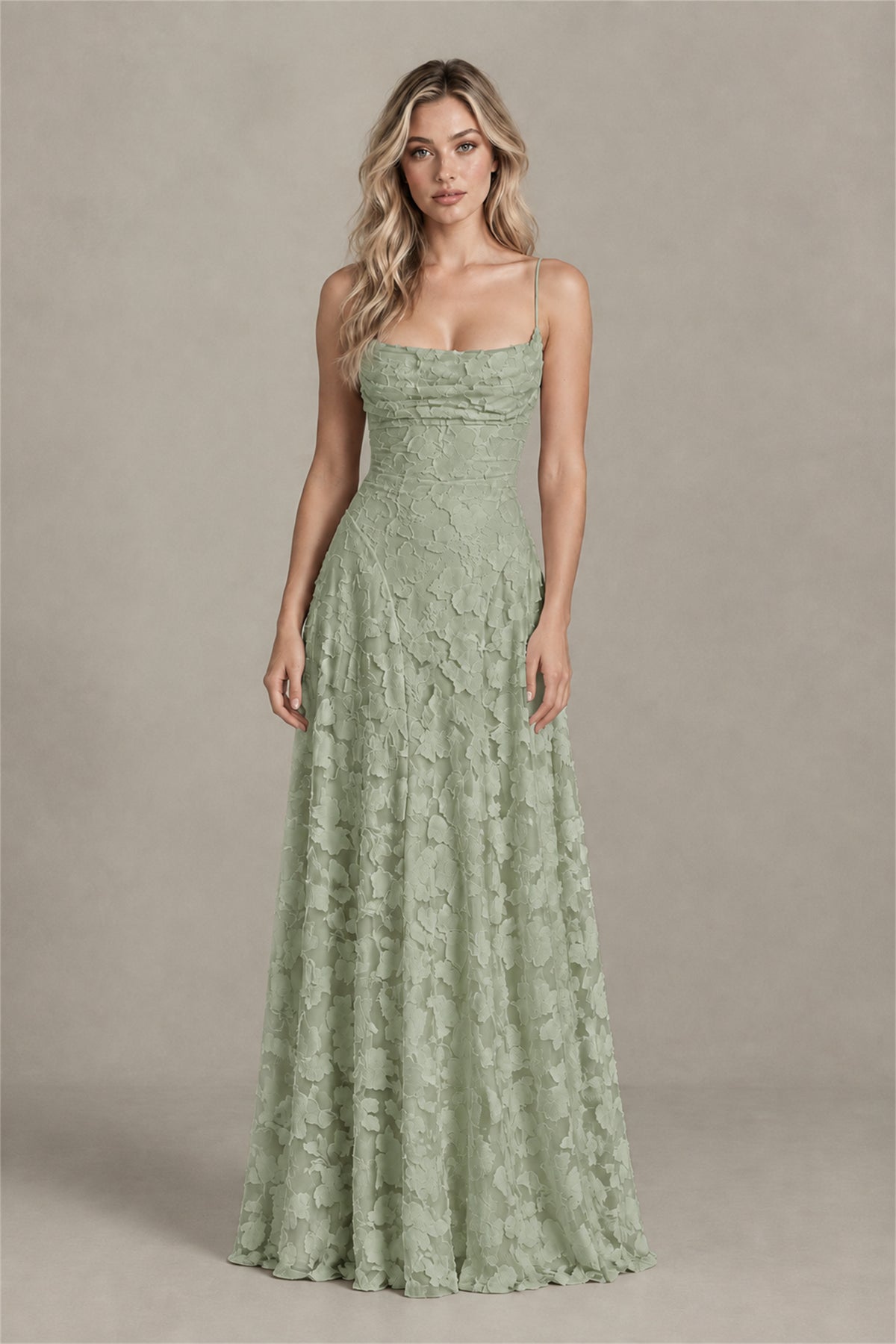 BOLODOO Sage Green Floral Appliqué Lace-Up Back Maxi Dress - Sage Green