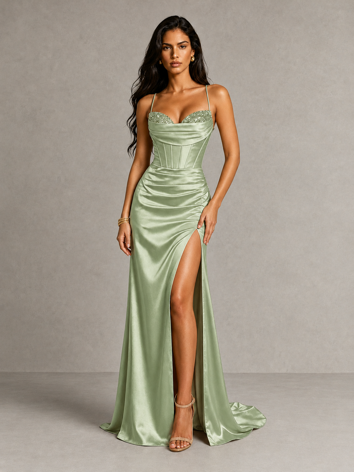 BOLODOO Sage Green Satin Corset Prom Dress with High Slit & Lace-Up Back - Sage Green - Sage_Green (1)