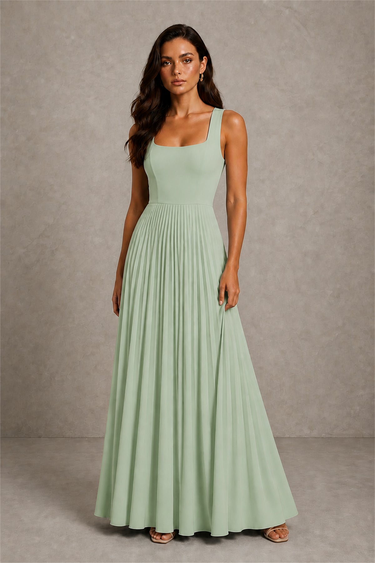 BOLODOO Sage Green Square Neck Wide Strap Lace-Up Back Pleated A-Line Chiffon Maxi Dress - Sage Green