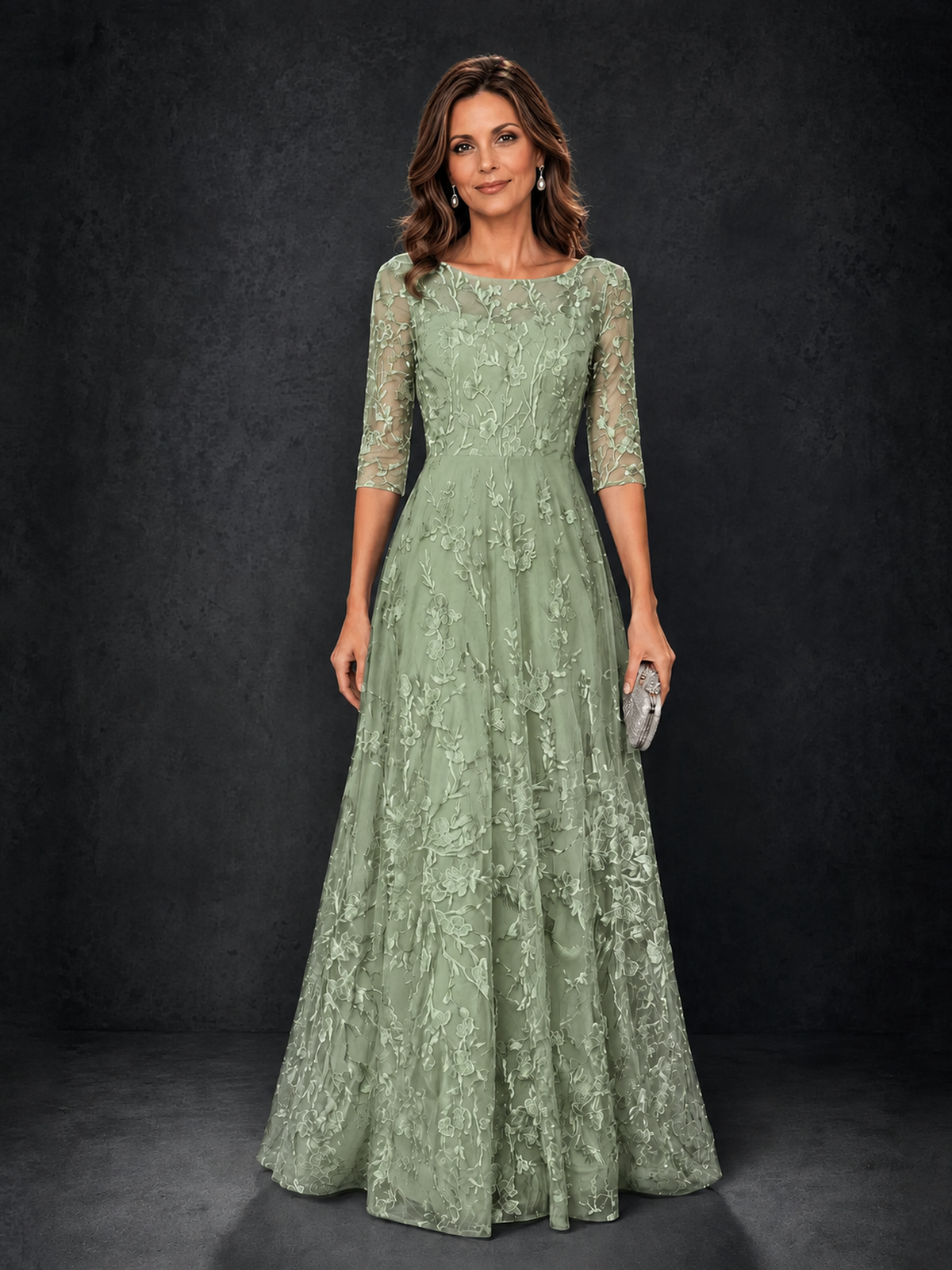 BOLODOO Sage Green Illusion Bateau Neck 3/4 Sleeve Floral Lace A-Line Mother of the Bride Dress MX007 - Sage Green