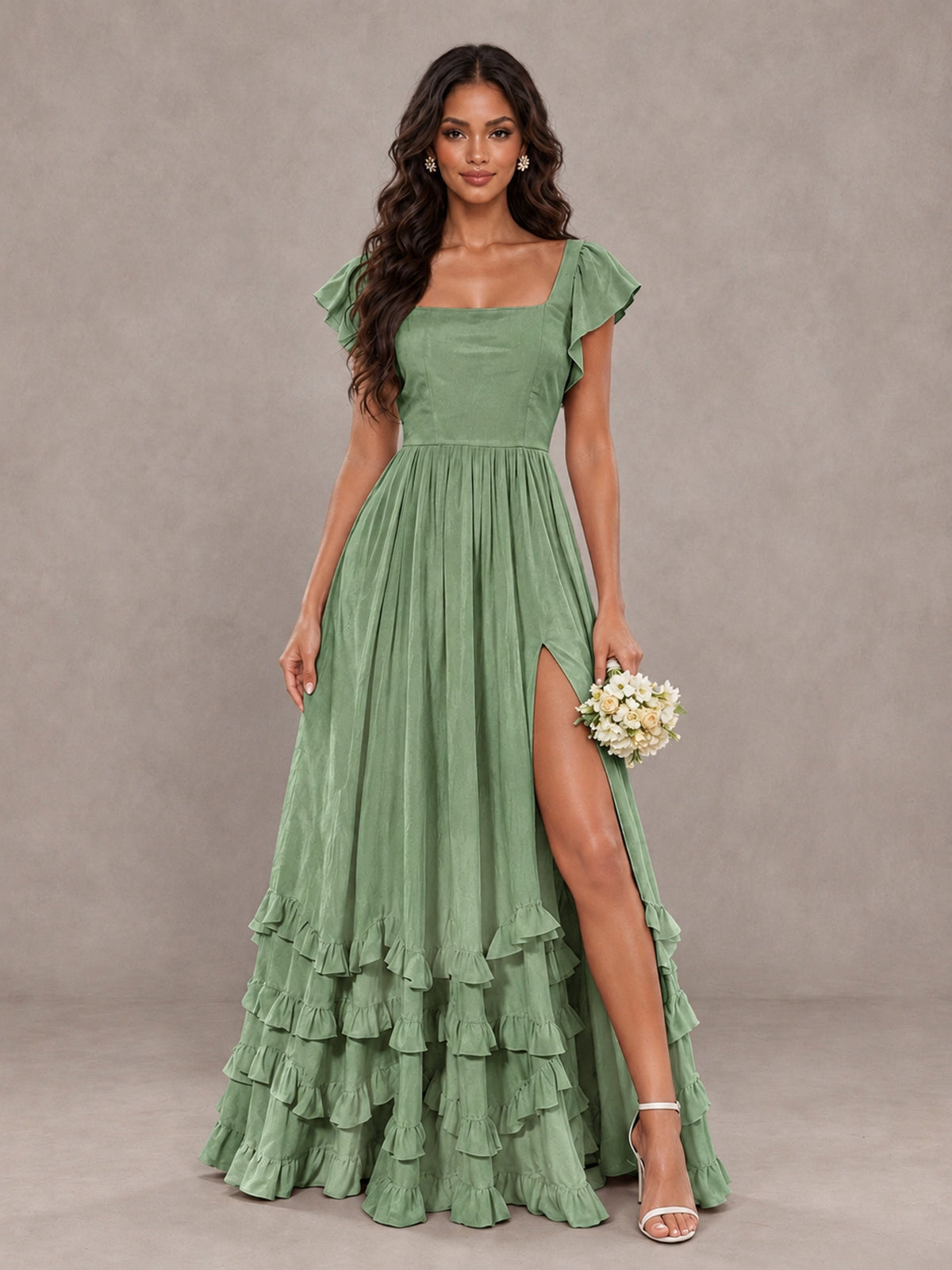 BOLODOO Sage Green Flutter Sleeve Ruffle Bridesmaid Dress with Slit - Sage Green - Sage Green (1)