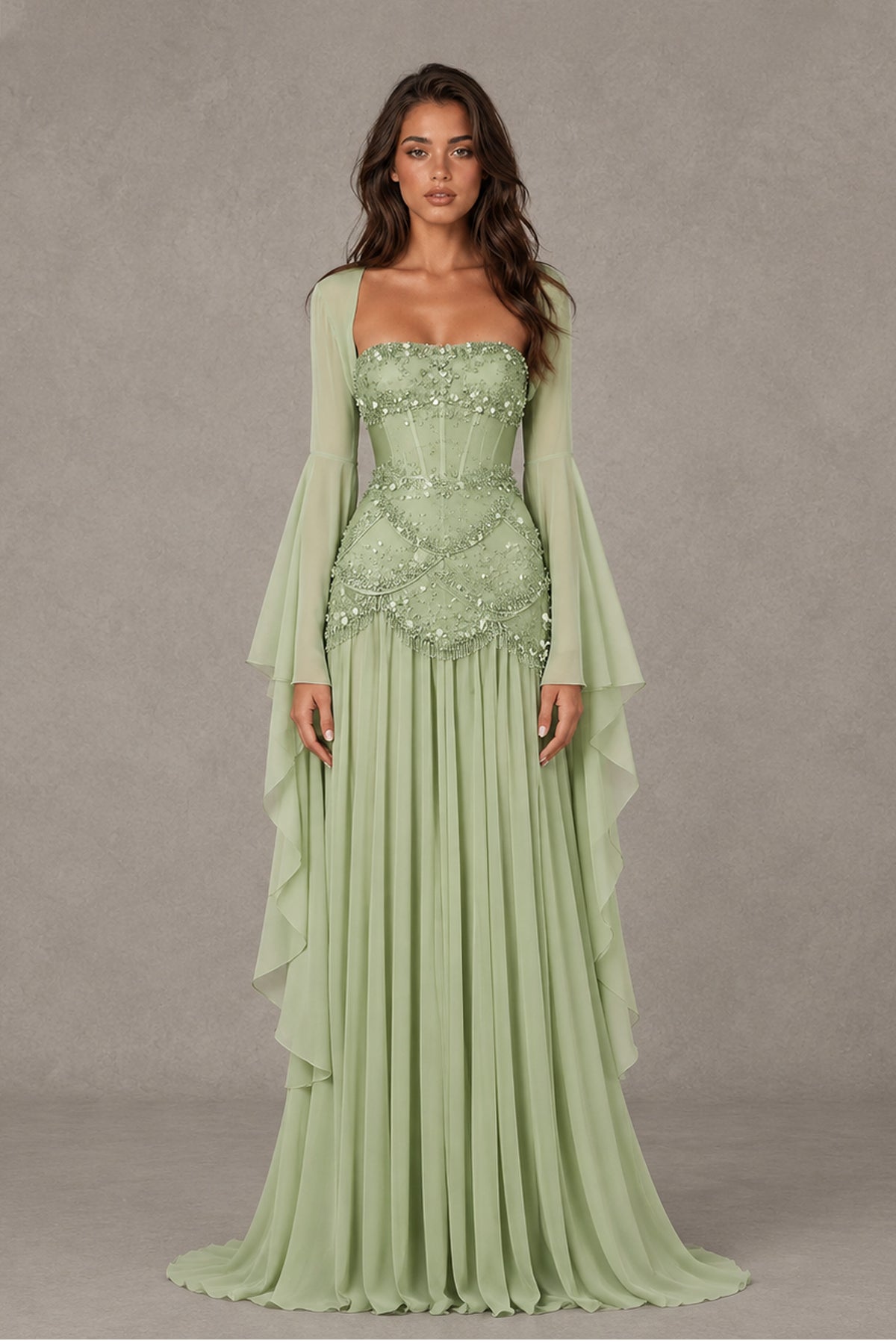 BOLODOO Sage Green Embellished Corset Gown with Long Bell Sleeves - Sage Green