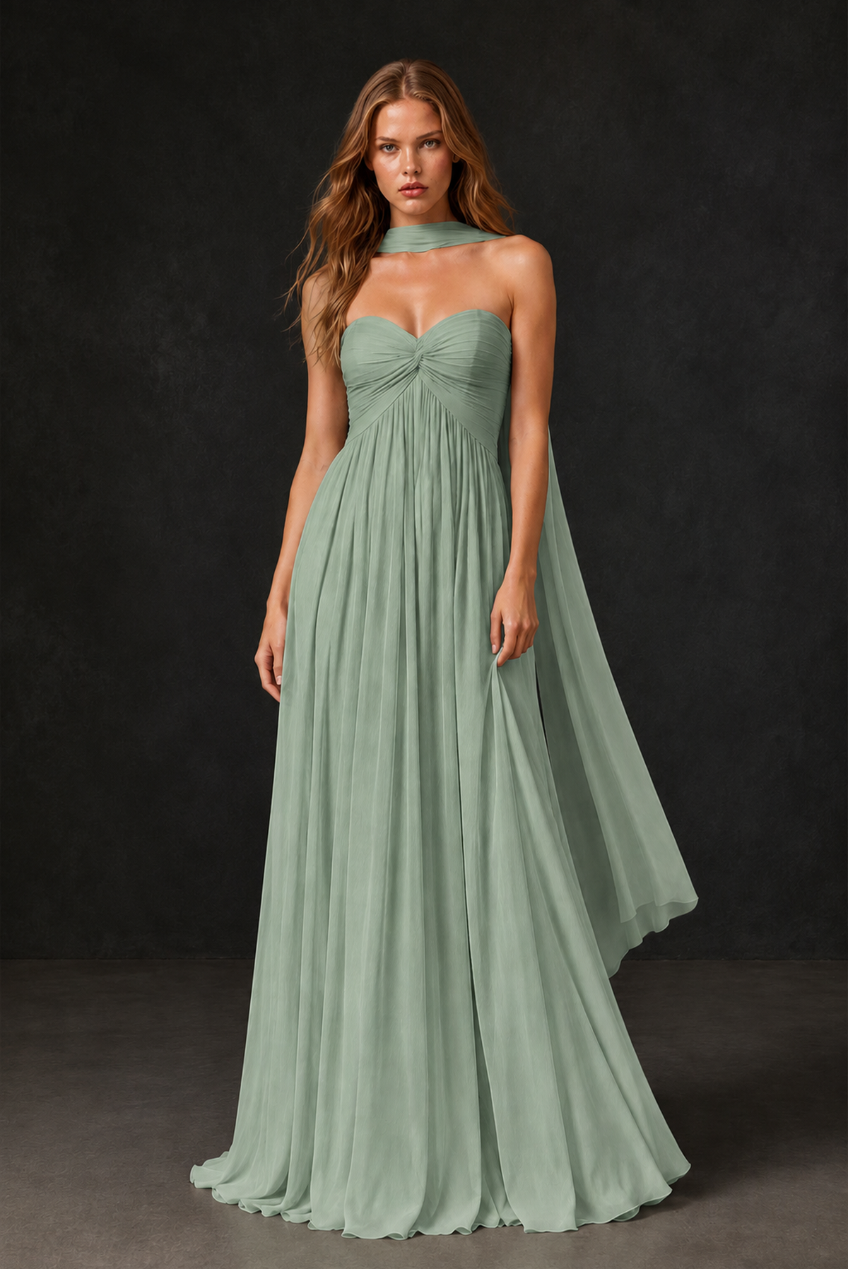 BOLODOO Sage Green Sweetheart Strapless Twist Knot Detached Halter Scarf Lace-Up Back Empire Waist Chiffon Maxi Dress - Sage Green