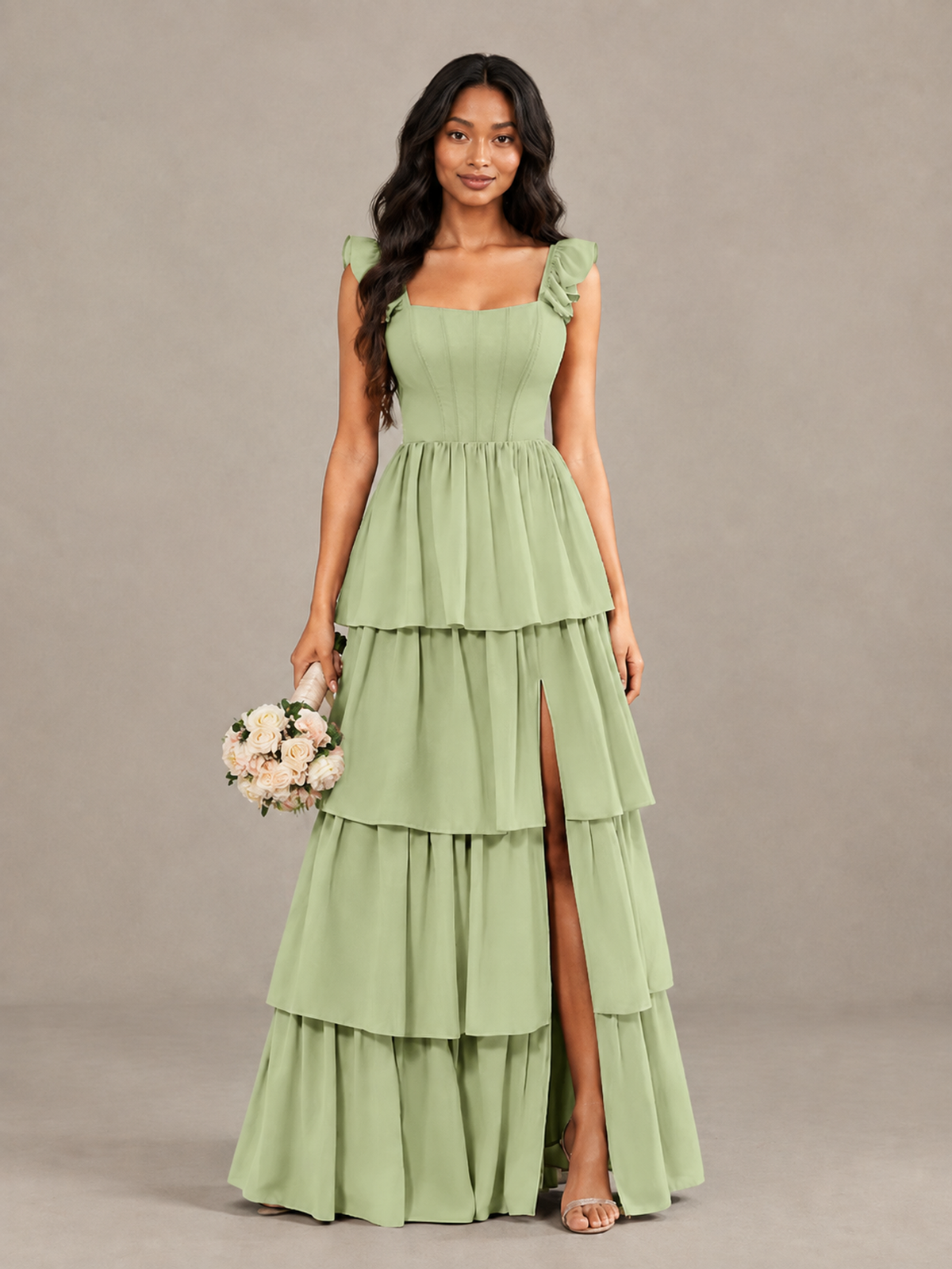 BOLODOO Sage Green Tiered Maxi Bridesmaid Dress with Slit - Sage Green