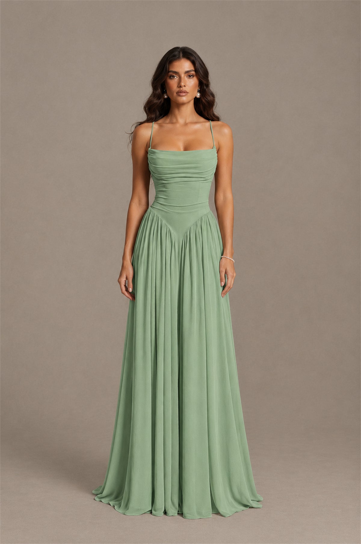 BOLODOO Sage Green Spaghetti Strap Square Neck Ruched Chiffon Maxi Dress with Lace-Up Back - Sage Green