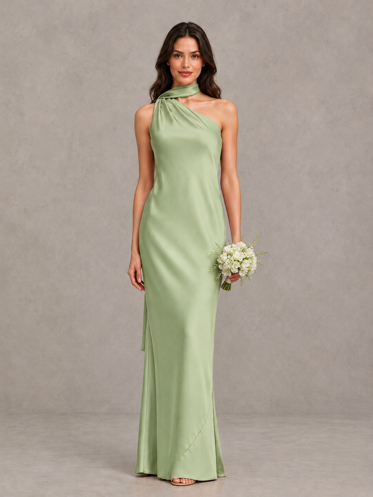 BOLODOO Sage Green Satin One-Shoulder Bridesmaid Dress with Open Back - Sage Green - Sage Green (1)