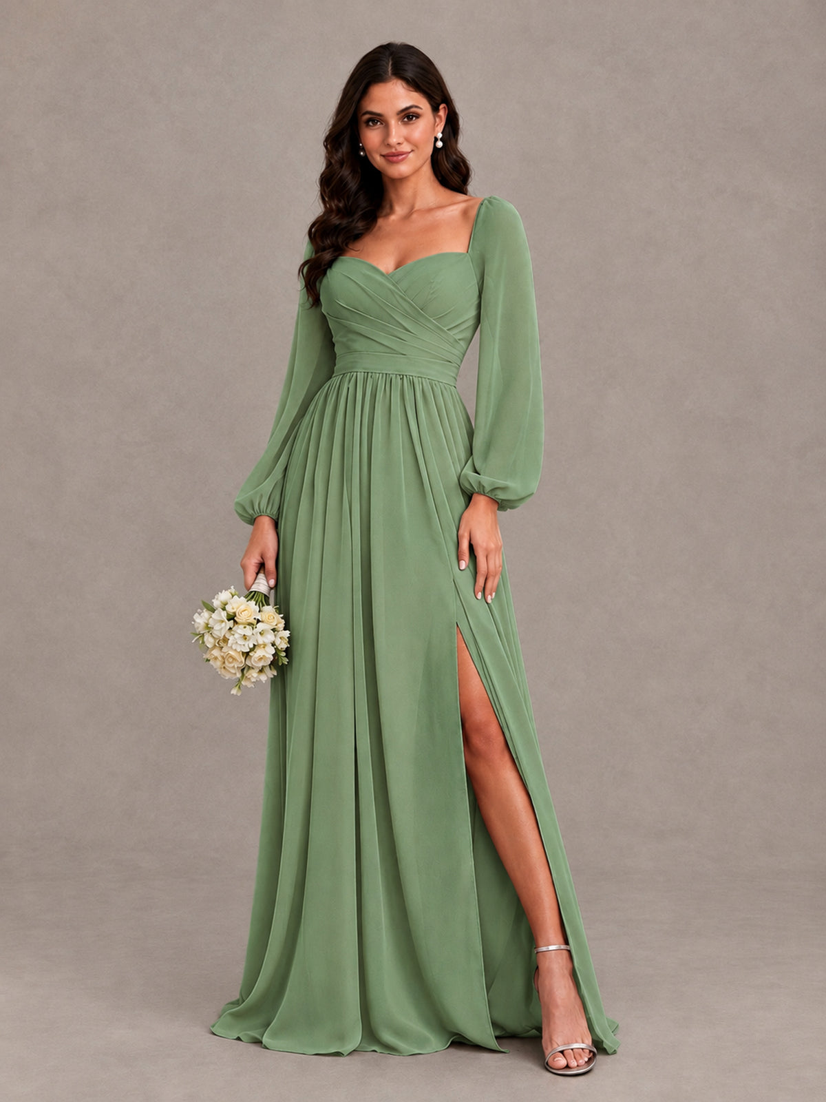 BOLODOO Sage Green Long Sleeve Chiffon Bridesmaid Dress with Slit - Sage Green - Sage Green (1)