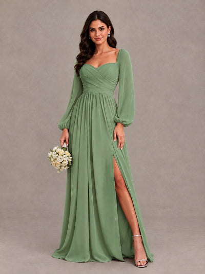 BOLODOO Sage Green Long Sleeve Chiffon Bridesmaid Dress with Slit - Sage Green - Sage Green (1)